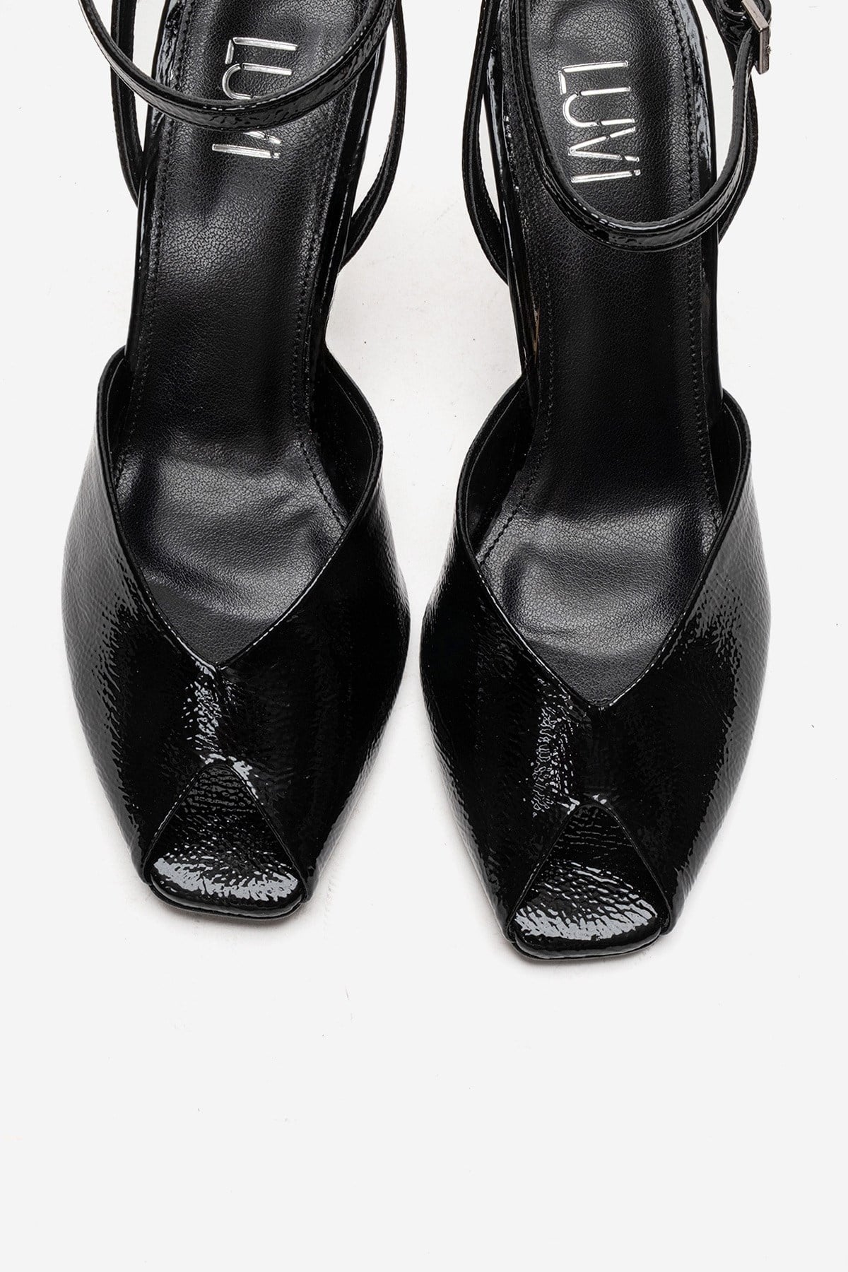 SLATE - Black Genuine Leather Ankle-Strap Stiletto Pump – side view showing leather, black, Vowalisse