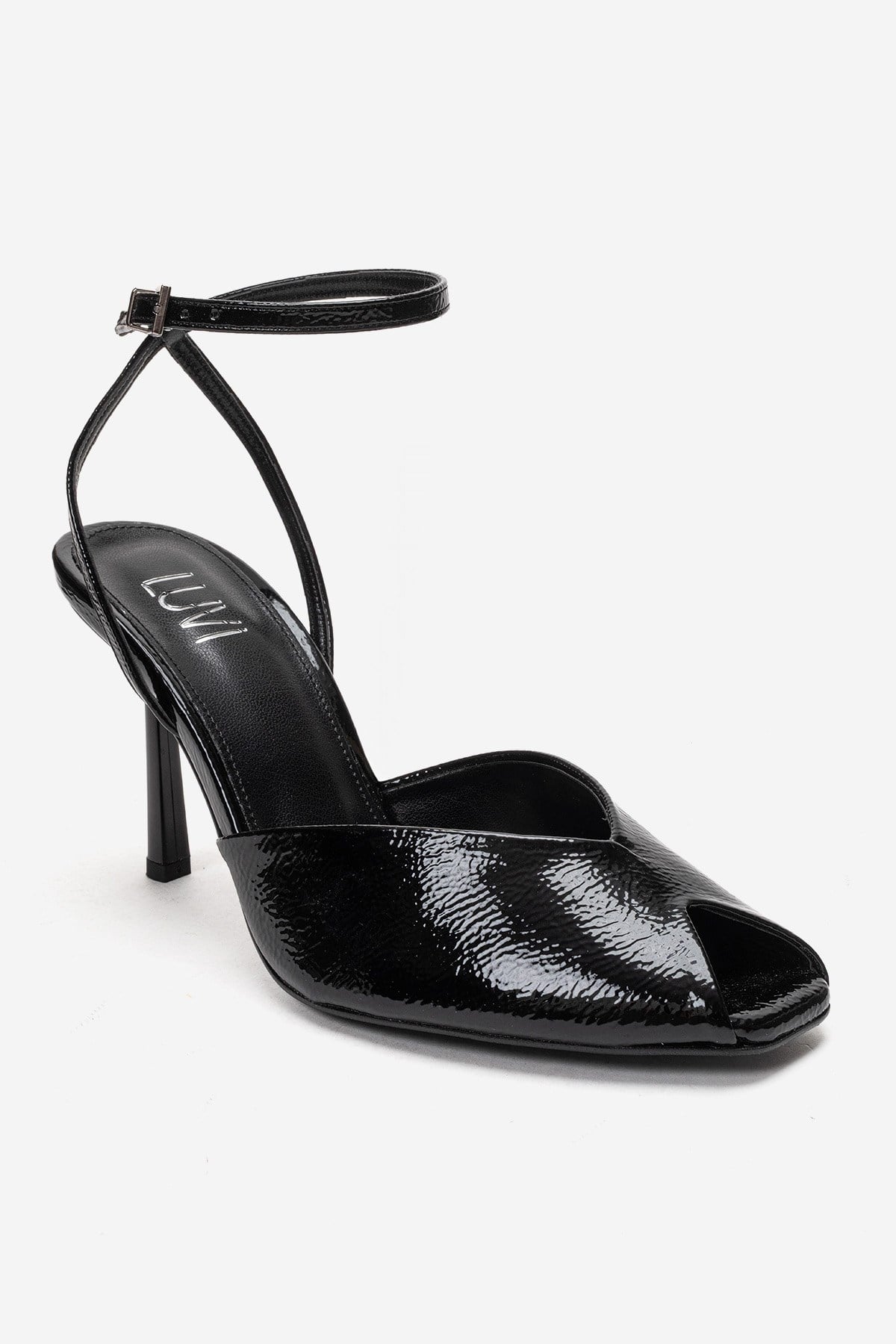 SLATE - Black Genuine Leather Ankle-Strap Stiletto Pump – detail view showing leather, black, Vowalisse