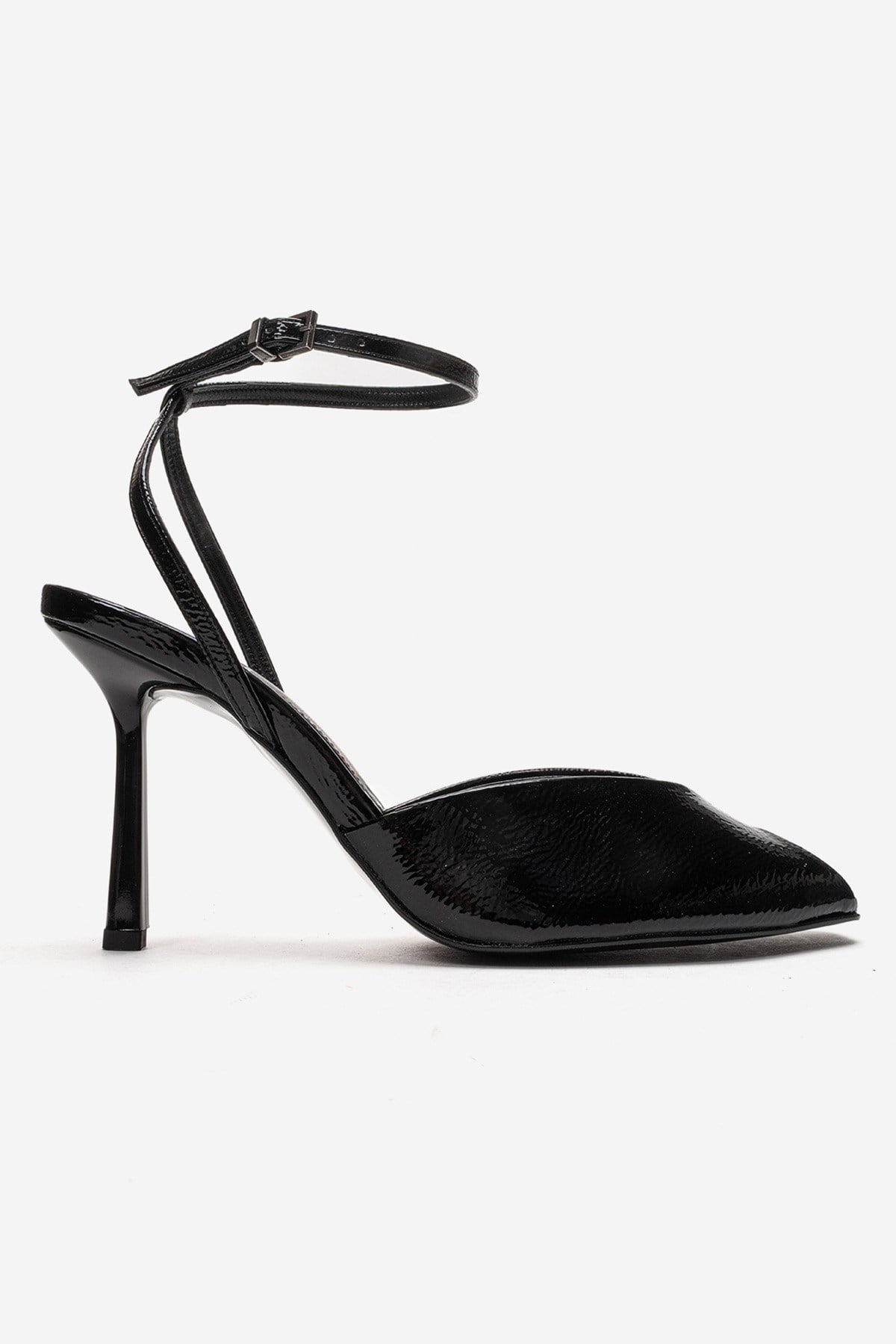 SLATE - Black Genuine Leather Ankle-Strap Stiletto Pump – heel view showing leather, black, Vowalisse