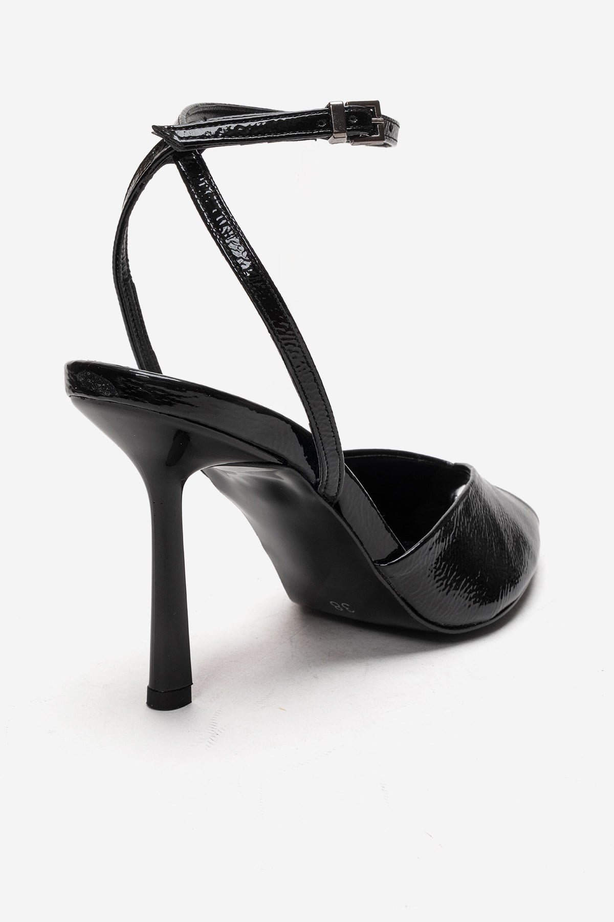 SLATE - Black Genuine Leather Ankle-Strap Stiletto Pump – back view showing leather, black, Vowalisse