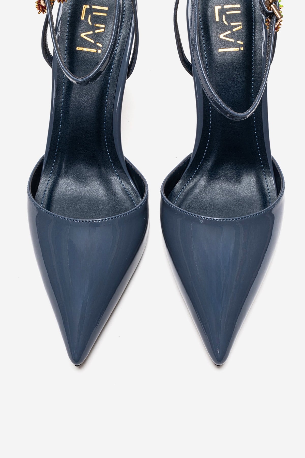 THALIA - Smoky Blue Patent Stiletto Pump – front three-quarter view showing leather, blue, Vowalisse