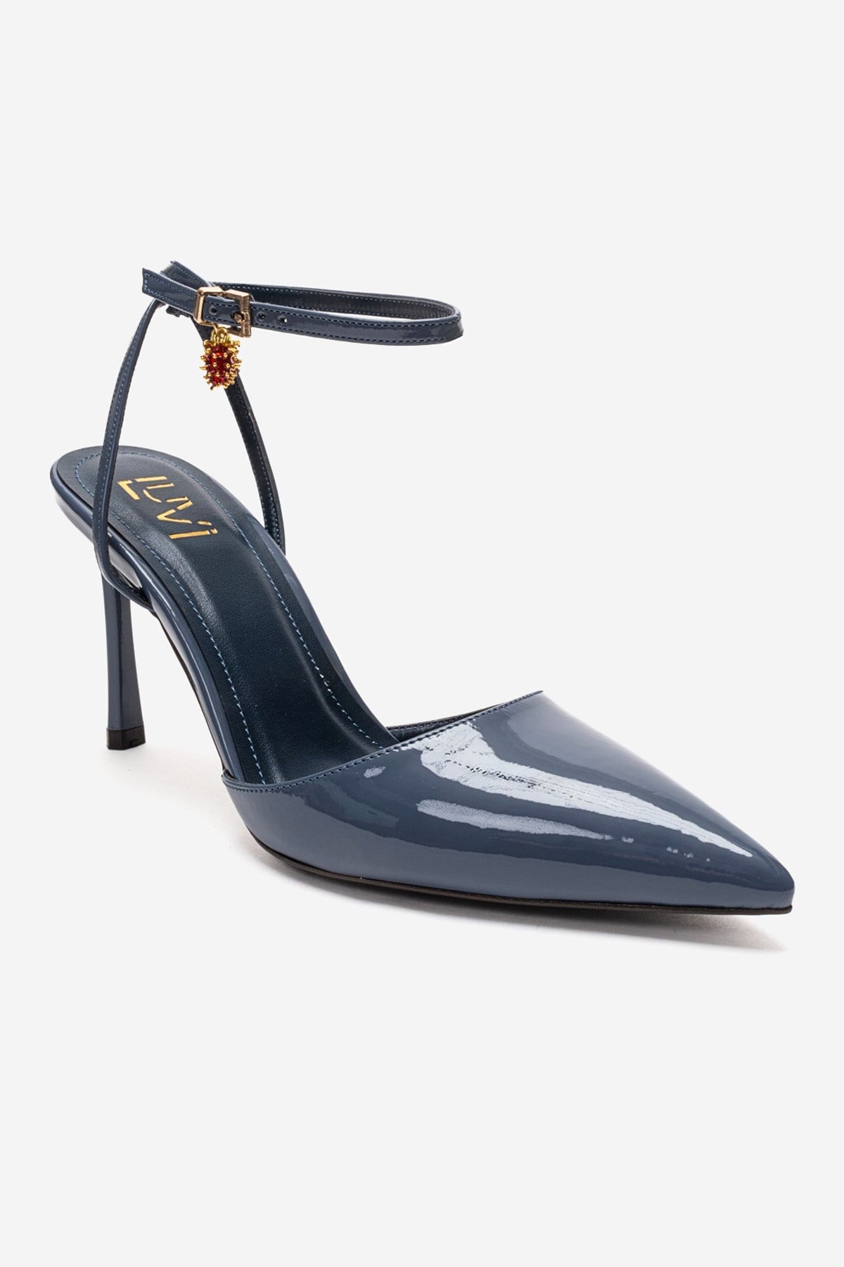 THALIA - Smoky Blue Patent Stiletto Pump – side view showing leather, blue, Vowalisse