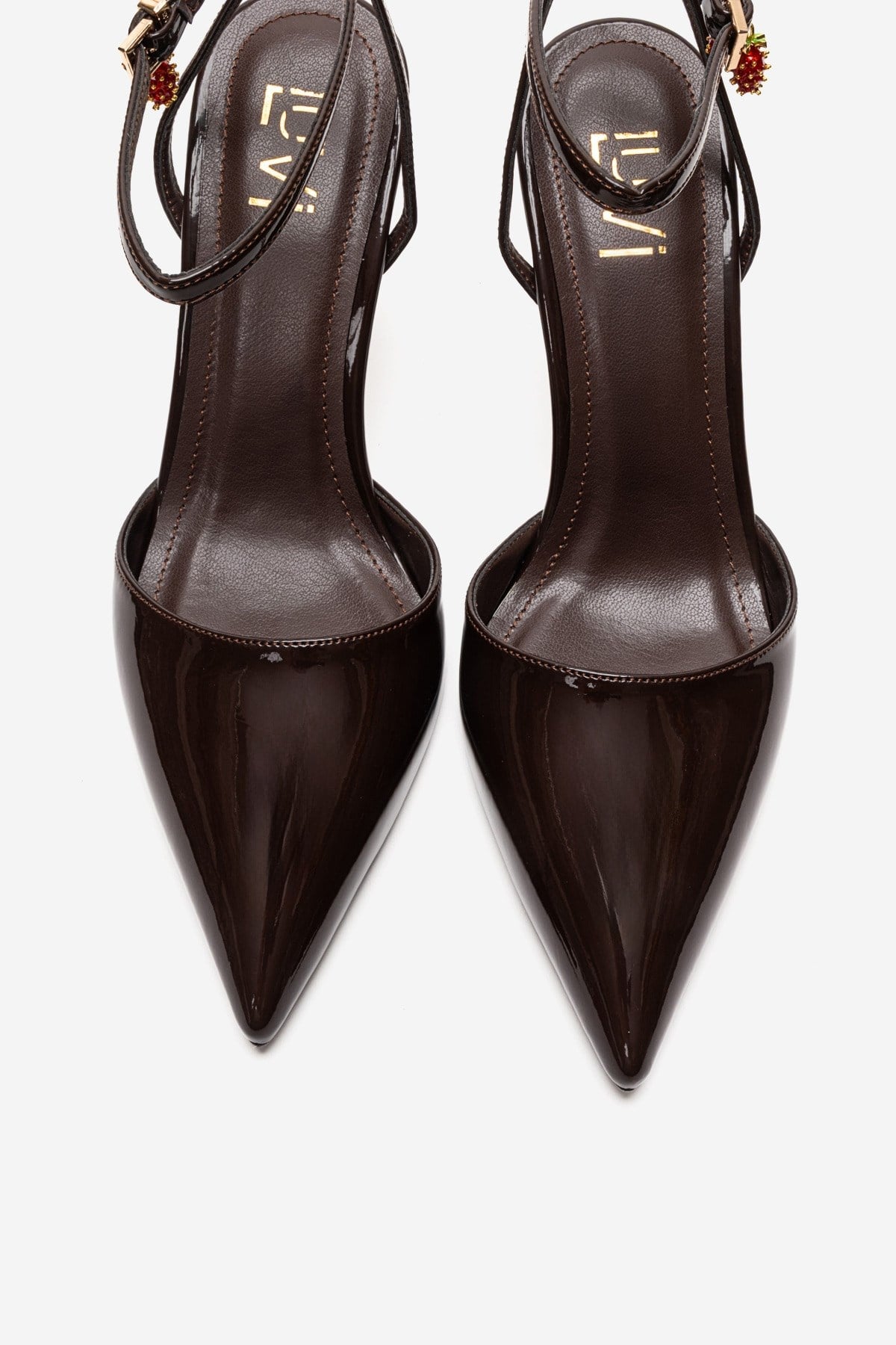 THALIA - Brown Patent Stiletto Pump – side view showing leather, Vowalisse