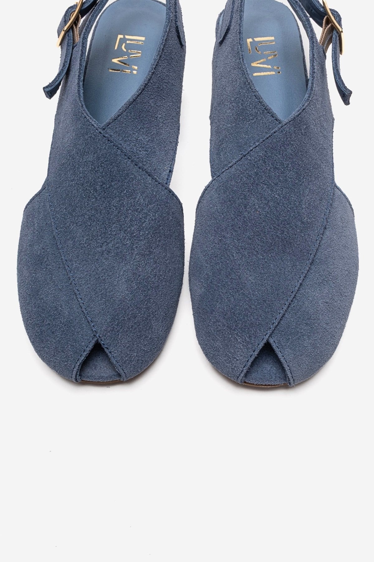 MONARO - Denim Blue Genuine Leather Sandal – side view showing leather, suede, blue, Vowalisse