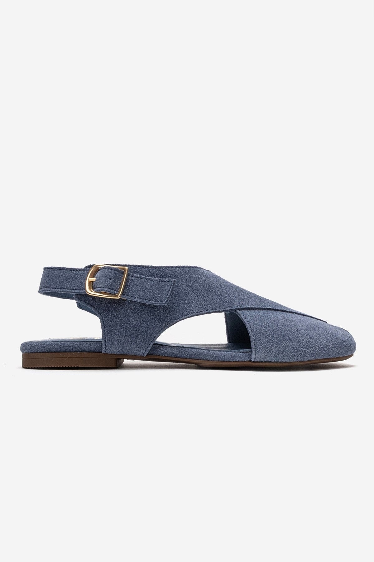 MONARO - Denim Blue Genuine Leather Sandal – heel view showing leather, suede, blue, Vowalisse