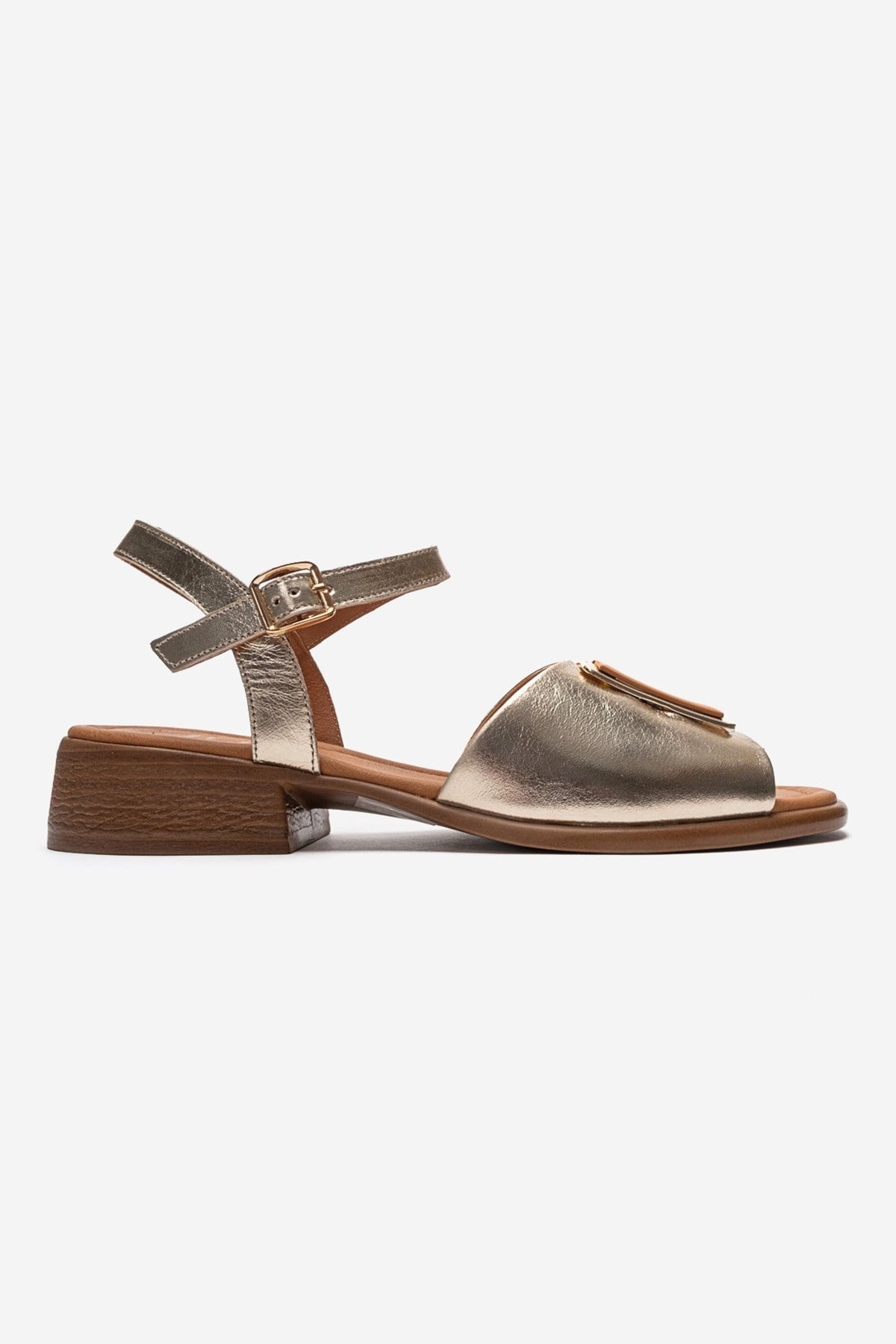 Svelte - Gold Genuine Leather Sandal – heel view showing leather, metallic, gold, Vowalisse