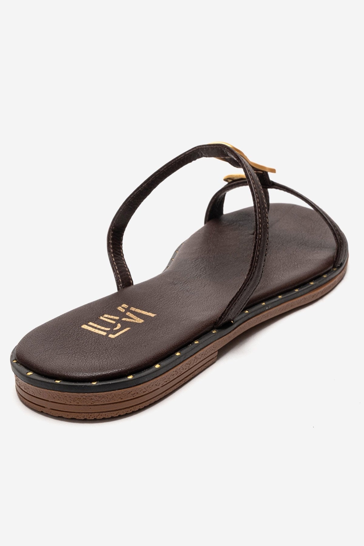 Tessa - Brown Genuine Leather Thong Sandal – back view showing leather, Vowalisse