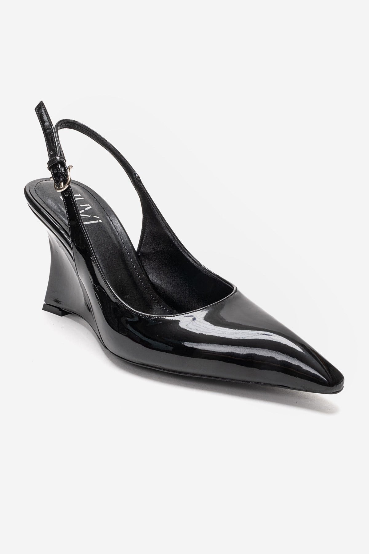 Felon - Black Wedge Heel Slingback – detail view showing leather, black, Vowalisse