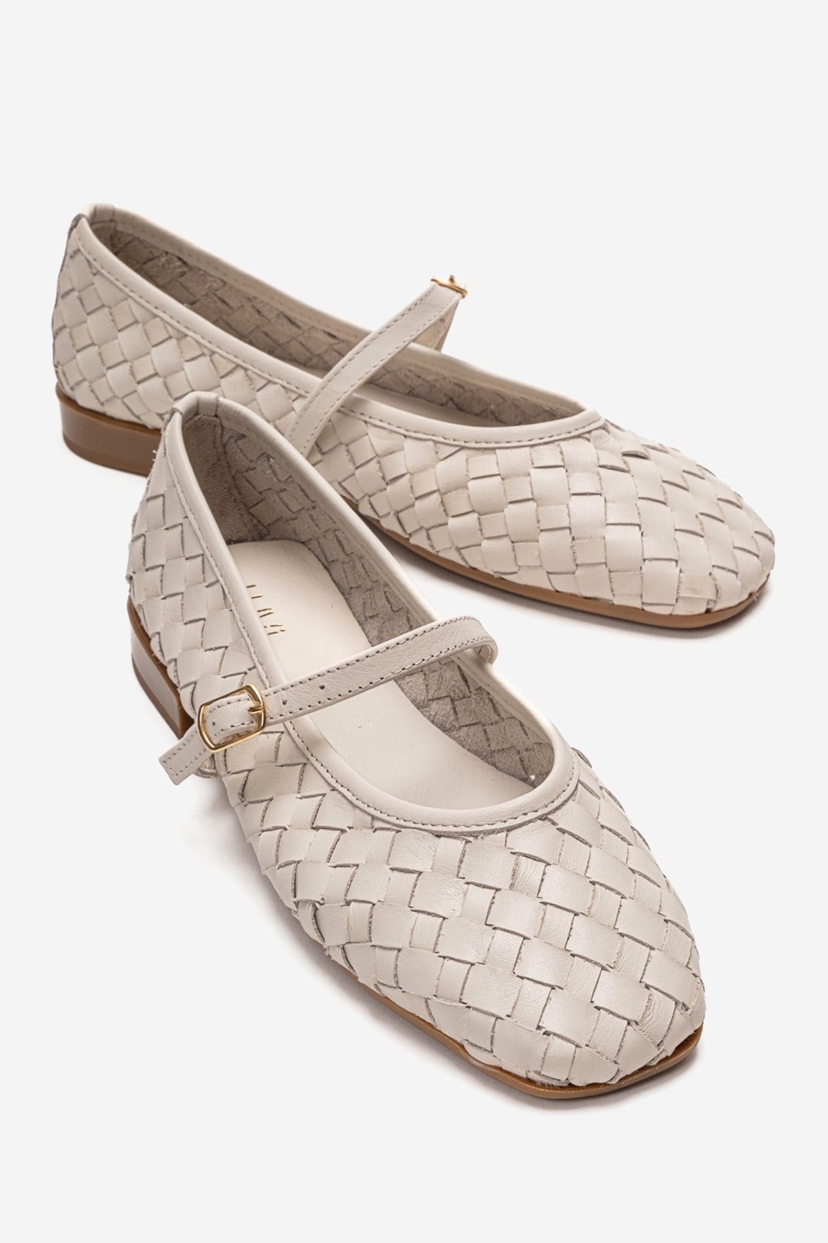 Yevora - Cream Genuine Leather Woven Strap Ballet Flat – front three-quarter view showing leather, Vowalisse