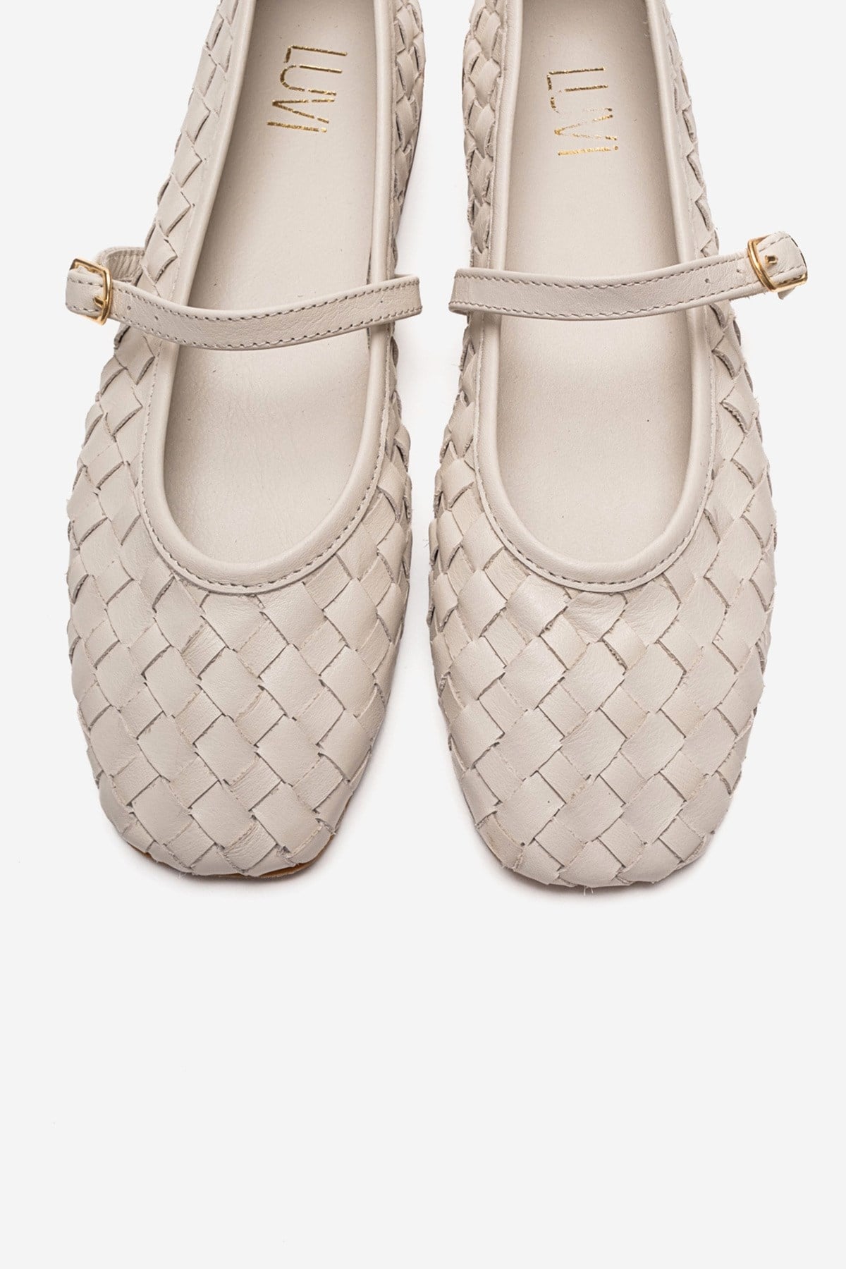 Yevora - Cream Genuine Leather Woven Strap Ballet Flat – side view showing leather, Vowalisse
