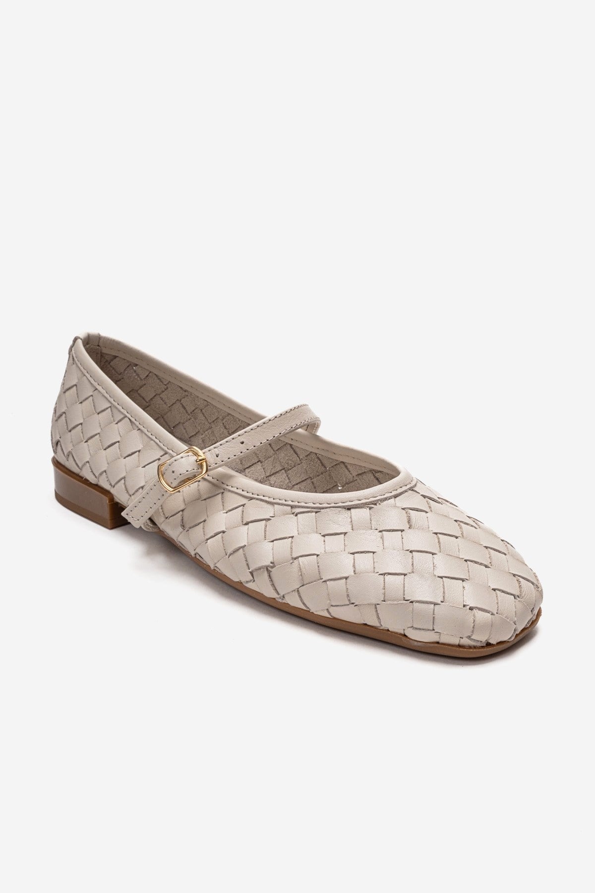 Yevora - Cream Genuine Leather Woven Strap Ballet Flat – detail view showing leather, Vowalisse