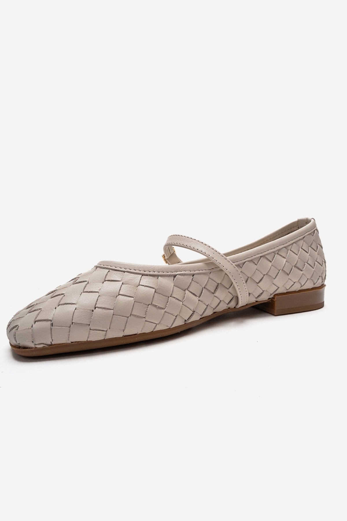 Yevora - Cream Genuine Leather Woven Strap Ballet Flat – top view showing leather, Vowalisse