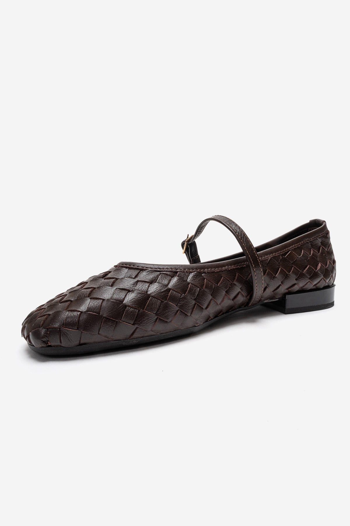 Yevora - Brown Genuine Leather Woven Strap Ballet Flat – back view showing leather, Vowalisse