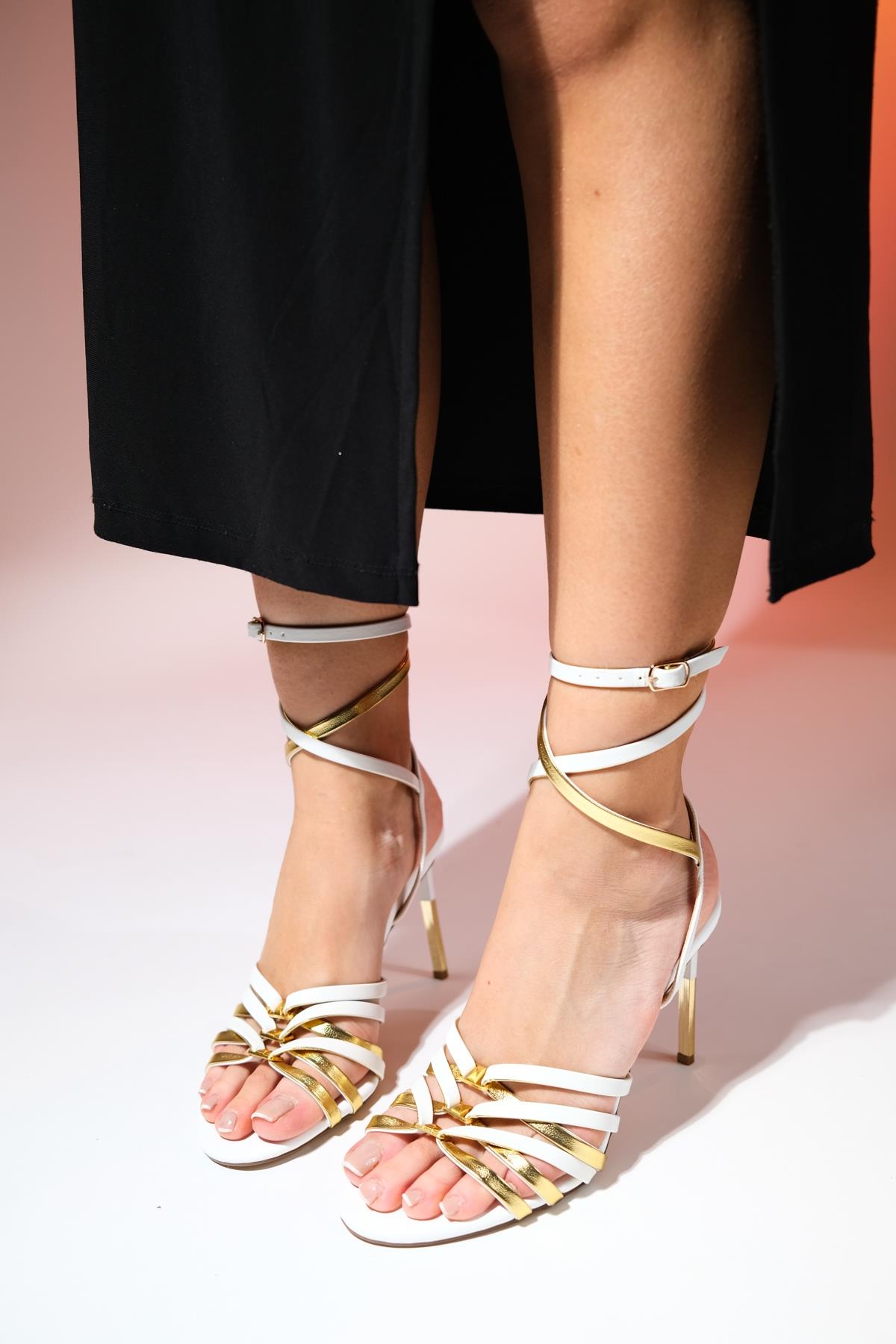 Bellon - White Ankle-Tie High Heel Shoe – front three-quarter view showing leather, white, Vowalisse