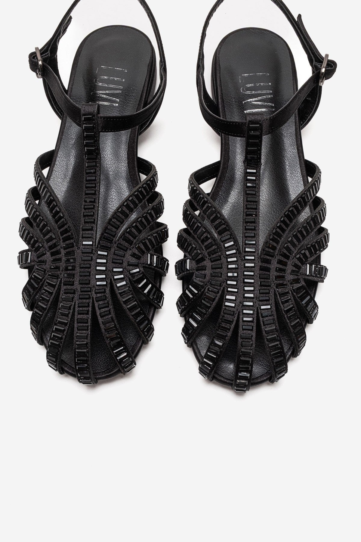 LAVINA - Black Satin Embellished Sandal – side view showing satin, leather, black, Vowalisse