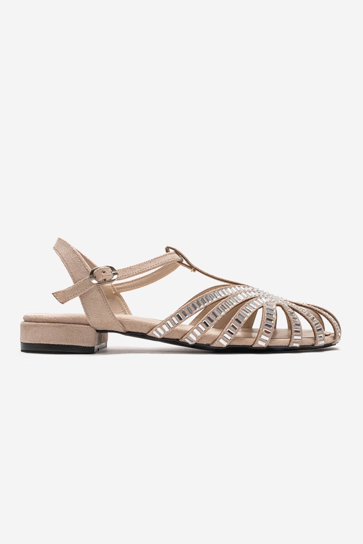 LAVINA - Beige Suede Embellished Sandal – heel view showing leather, suede, Vowalisse