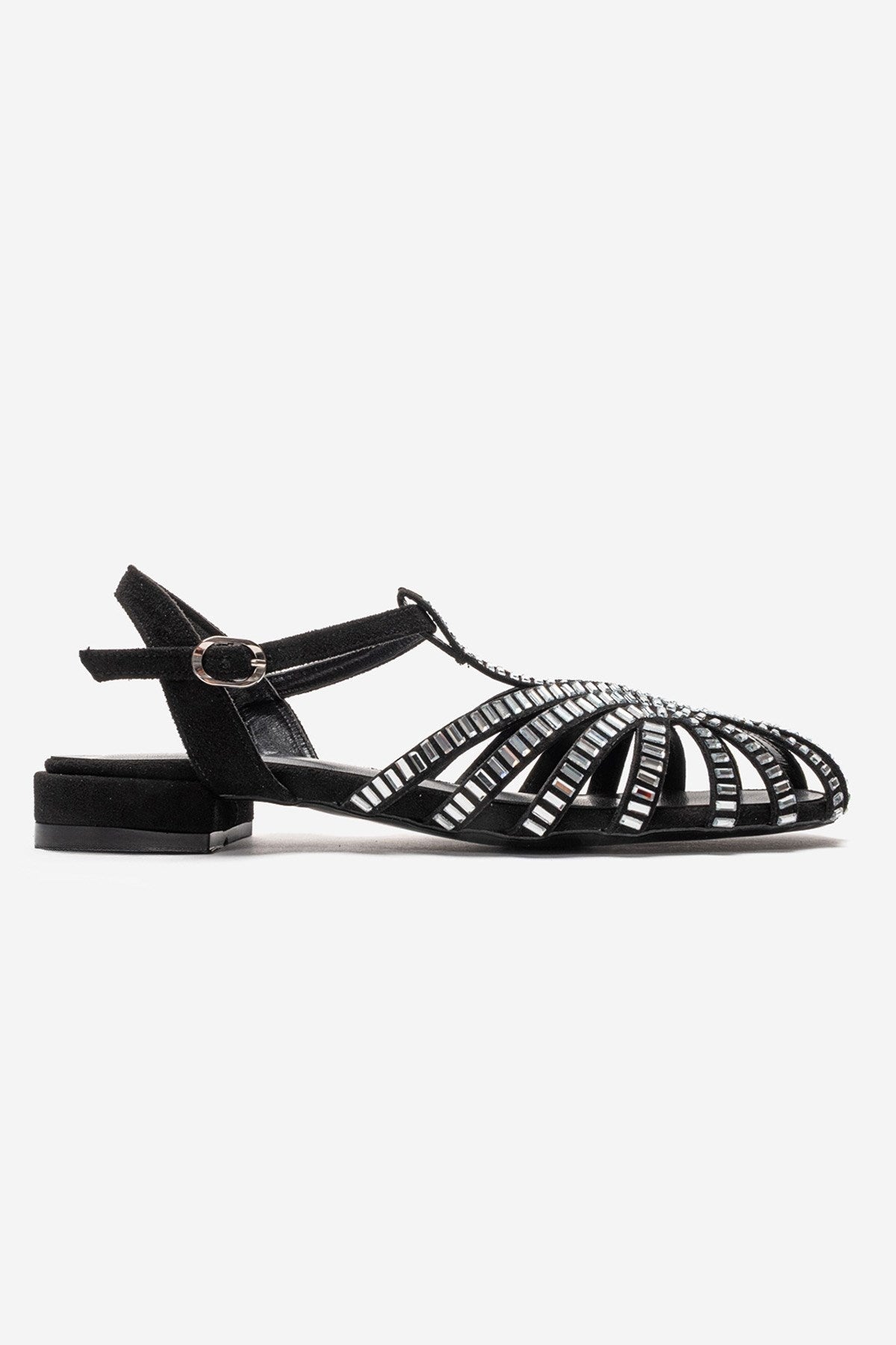 LAVINA - Black Suede Embellished Sandal – heel view showing leather, suede, black, Vowalisse
