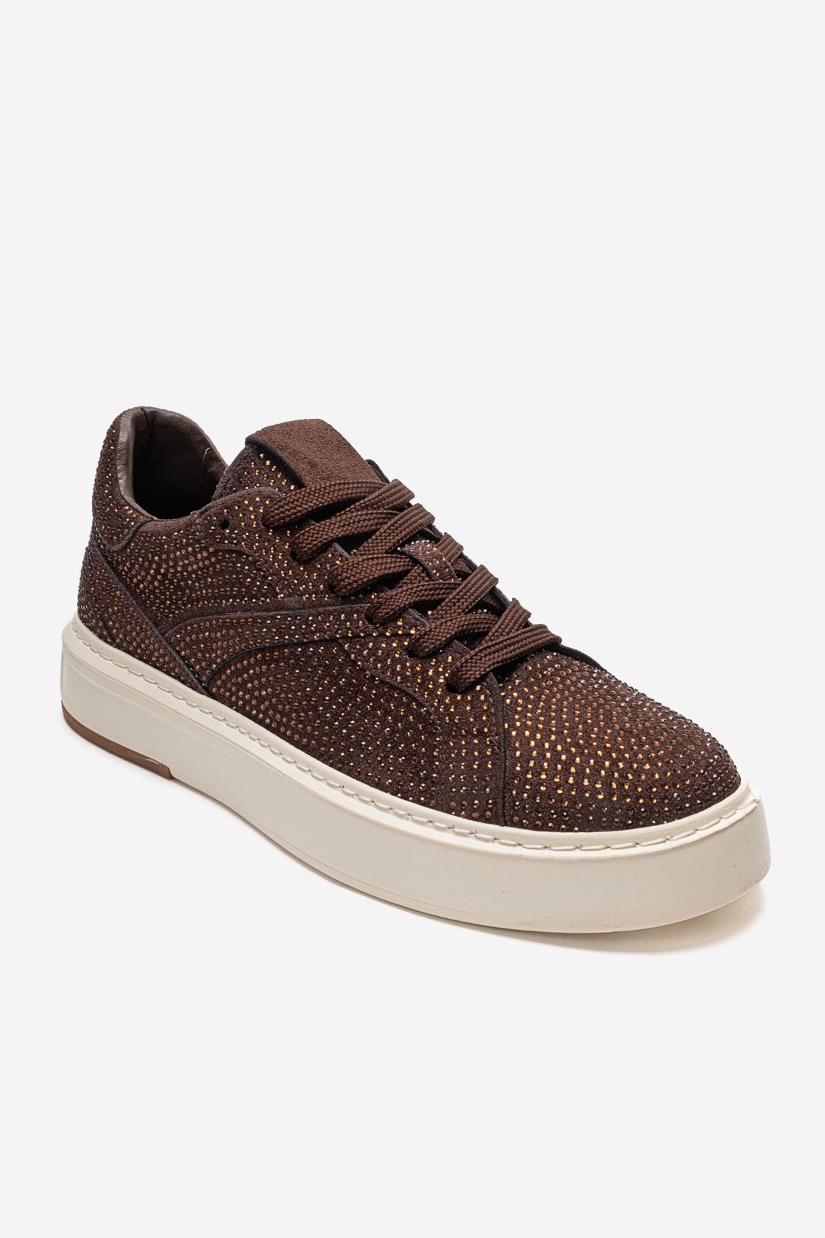 BERINA - Brown Embellished Sneaker – detail view showing leather, suede, Vowalisse