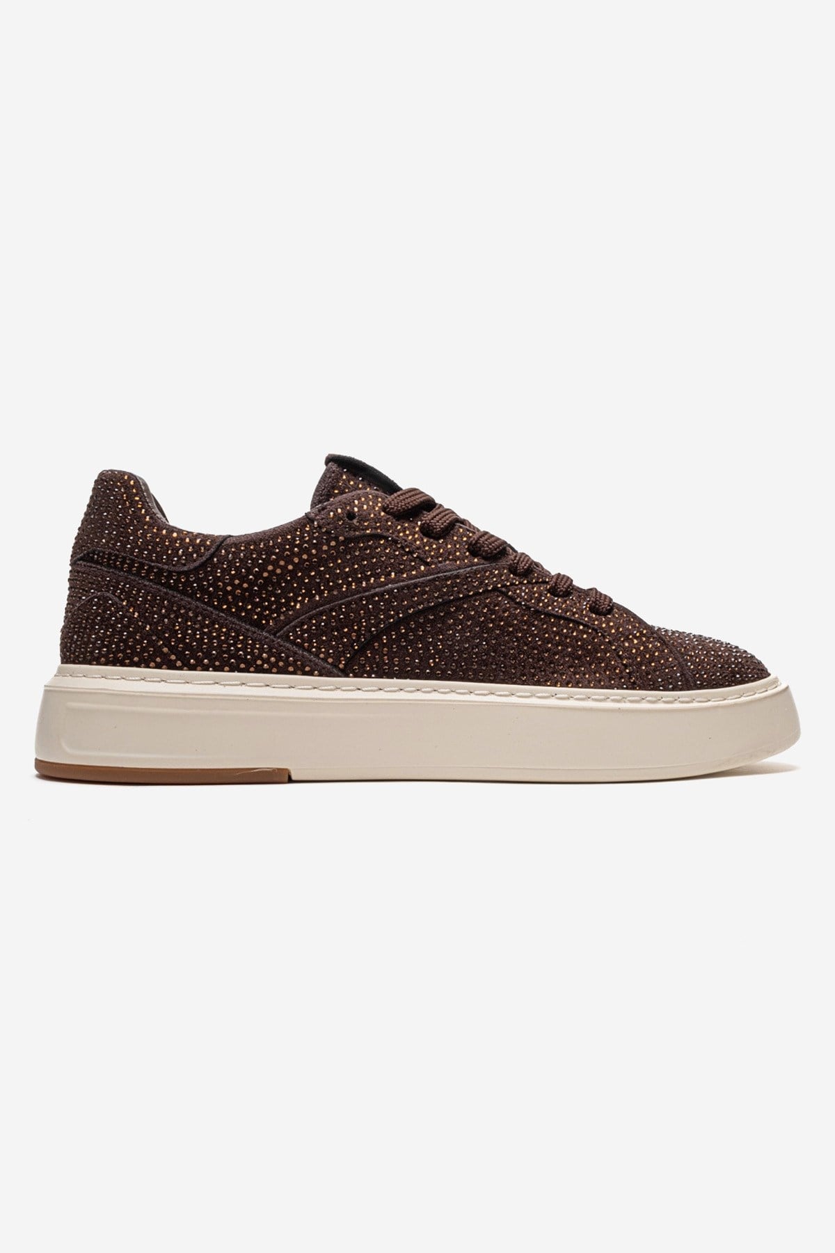 BERINA - Brown Embellished Sneaker – heel view showing leather, suede, Vowalisse