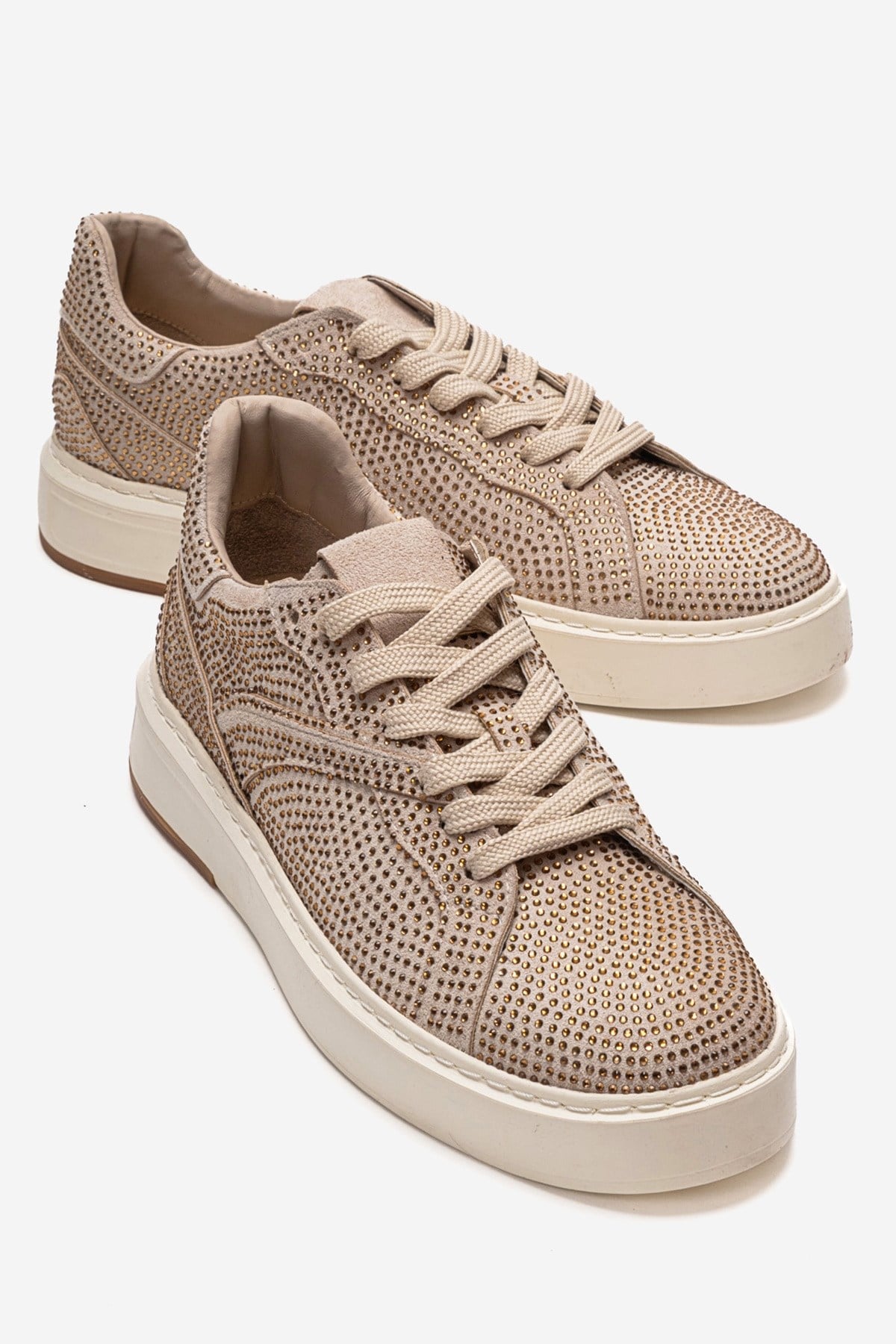 BERINA - Beige Embellished Sneaker – front three-quarter view showing leather, suede, Vowalisse