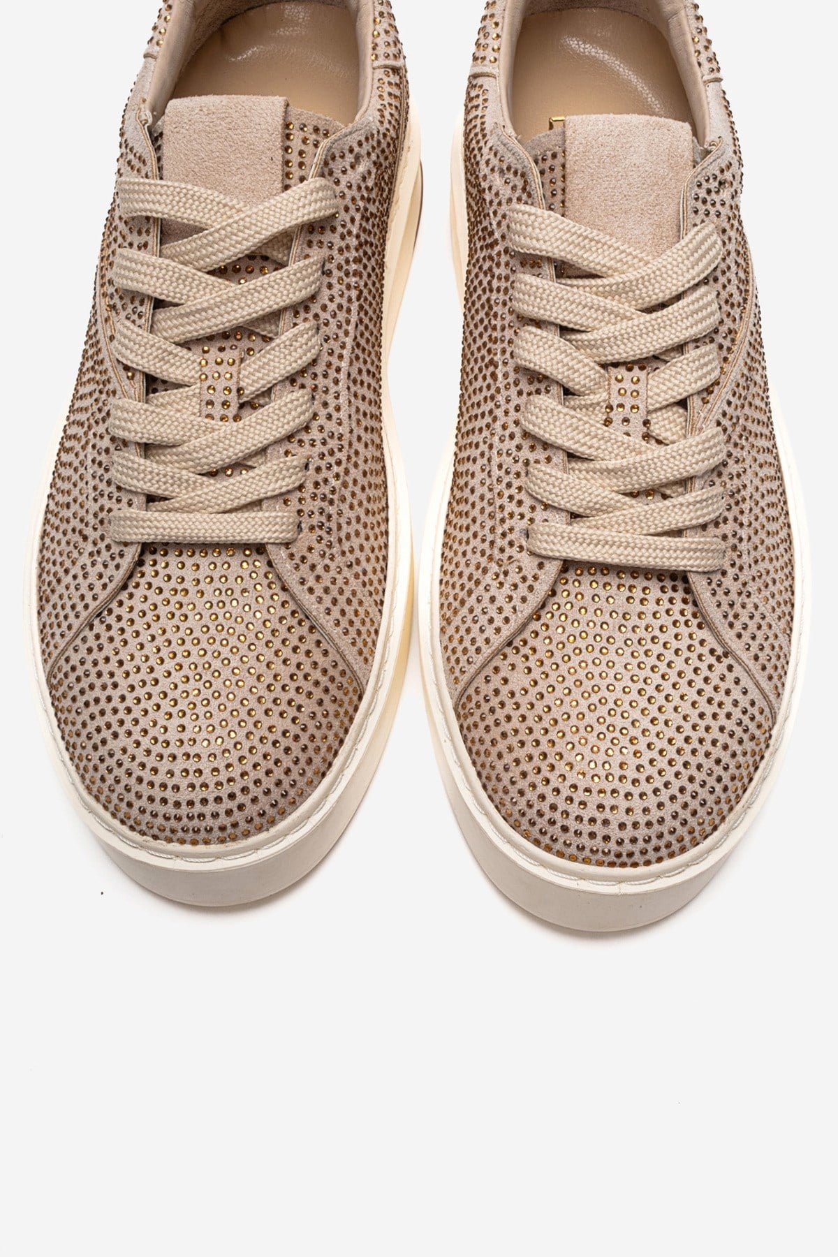 BERINA - Beige Embellished Sneaker – side view showing leather, suede, Vowalisse