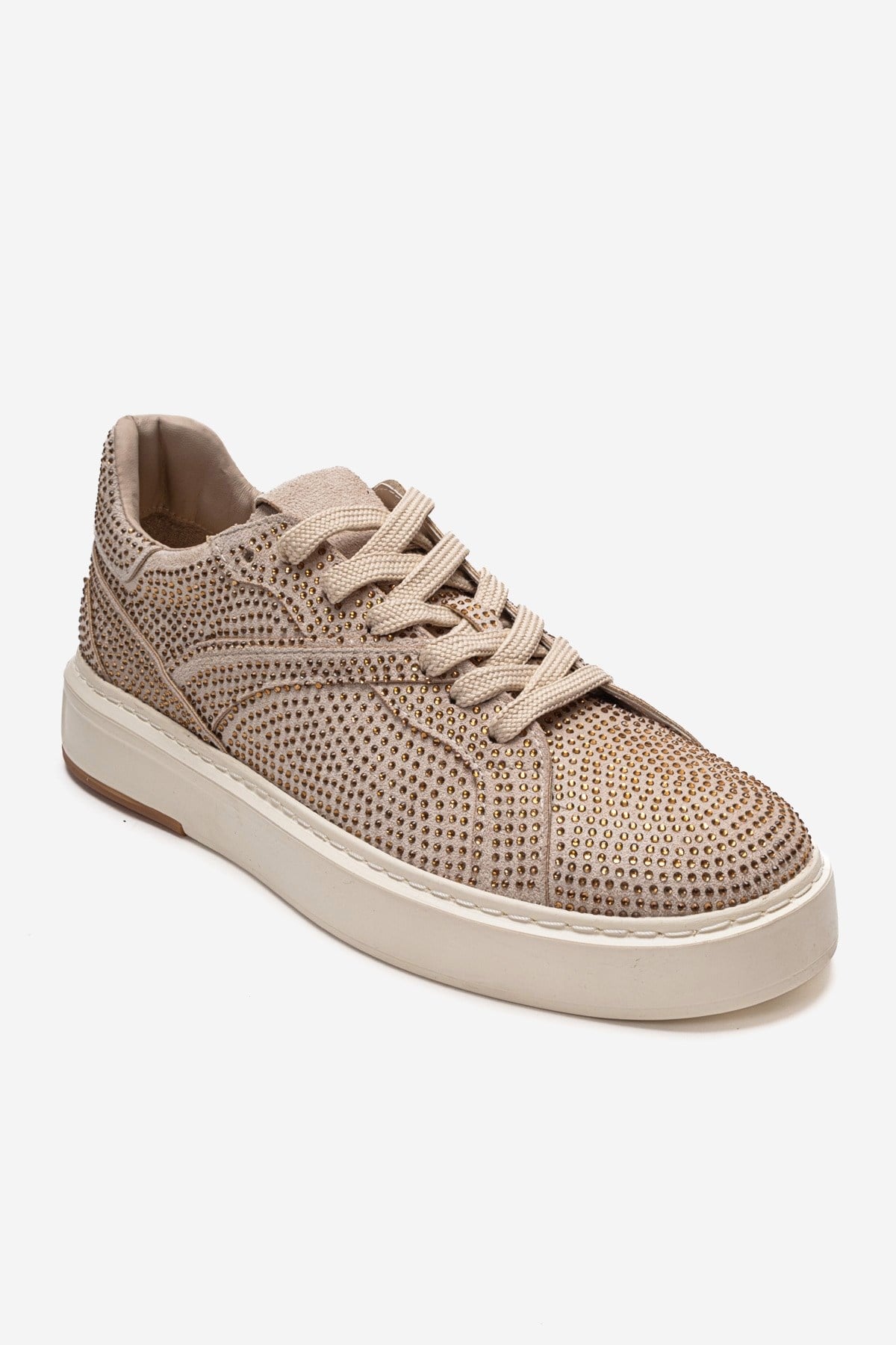 BERINA - Beige Embellished Sneaker – detail view showing leather, suede, Vowalisse