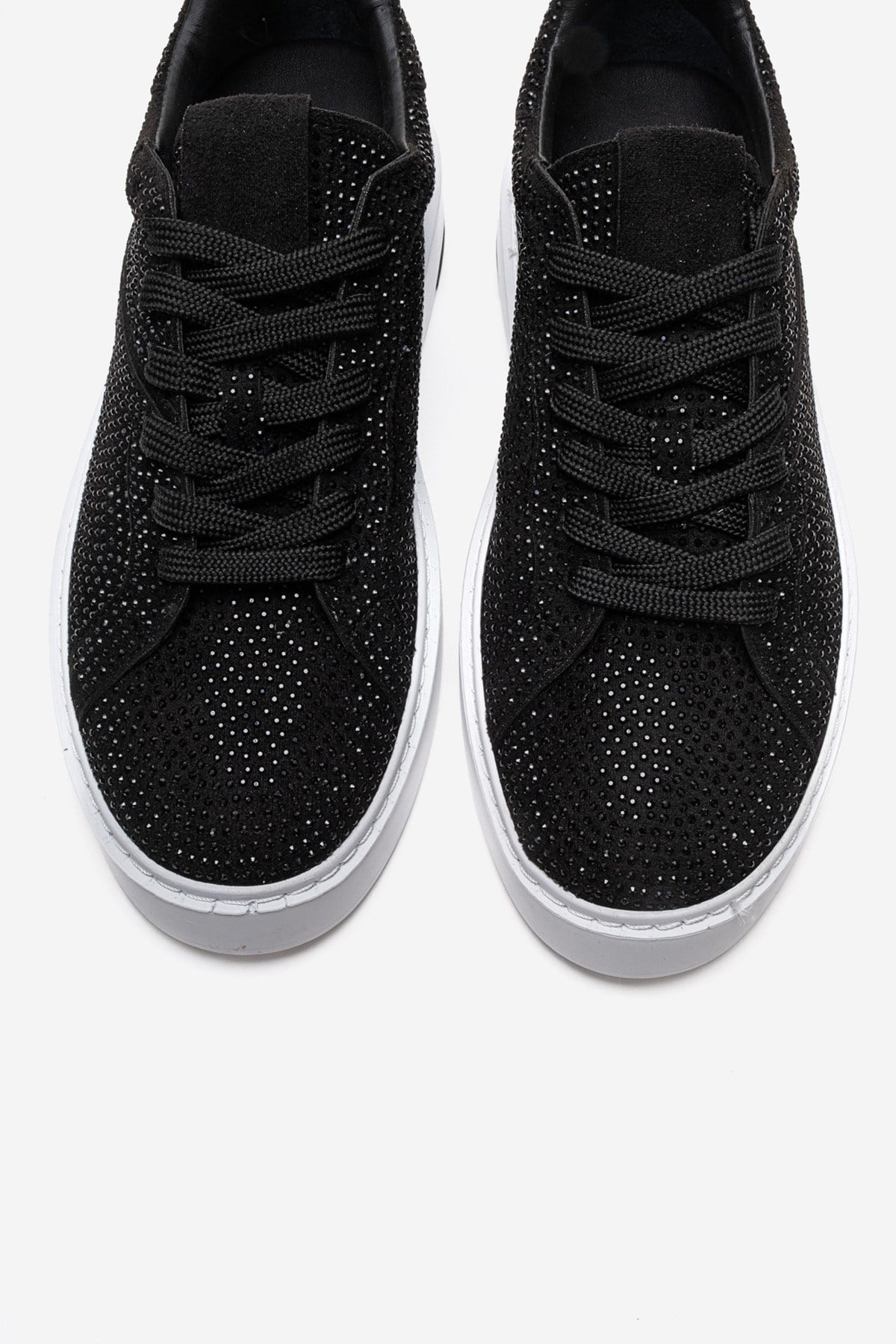 BERINA - Black Studded Casual Sneaker – side view showing lace, leather, suede, Vowalisse