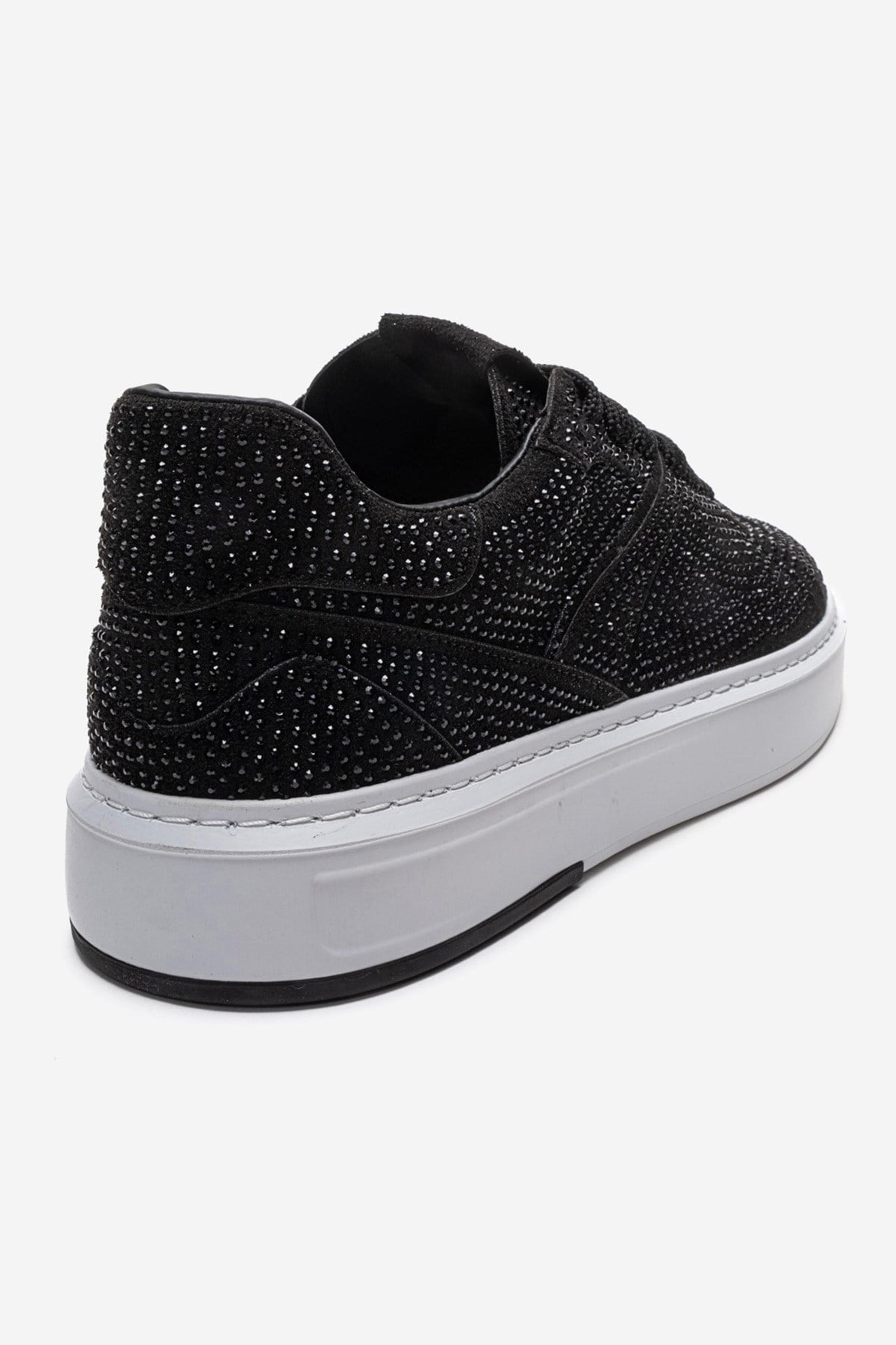 BERINA - Black Studded Casual Sneaker – back view showing lace, leather, suede, Vowalisse