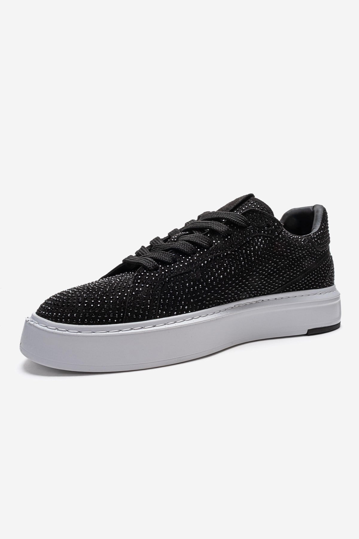 BERINA - Black Studded Casual Sneaker – top view showing lace, leather, suede, Vowalisse