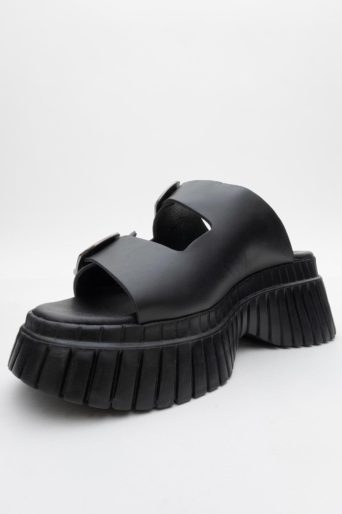 Joanes - Black Leather Two-Strap Platform Sandal – back view showing leather, black, Vowalisse