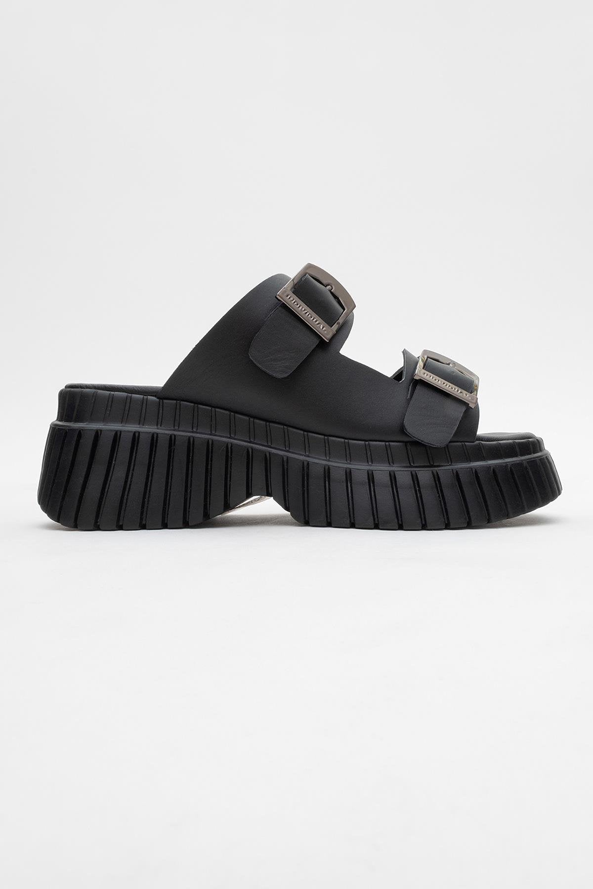 Joanes - Black Leather Two-Strap Platform Sandal – top view showing leather, black, Vowalisse