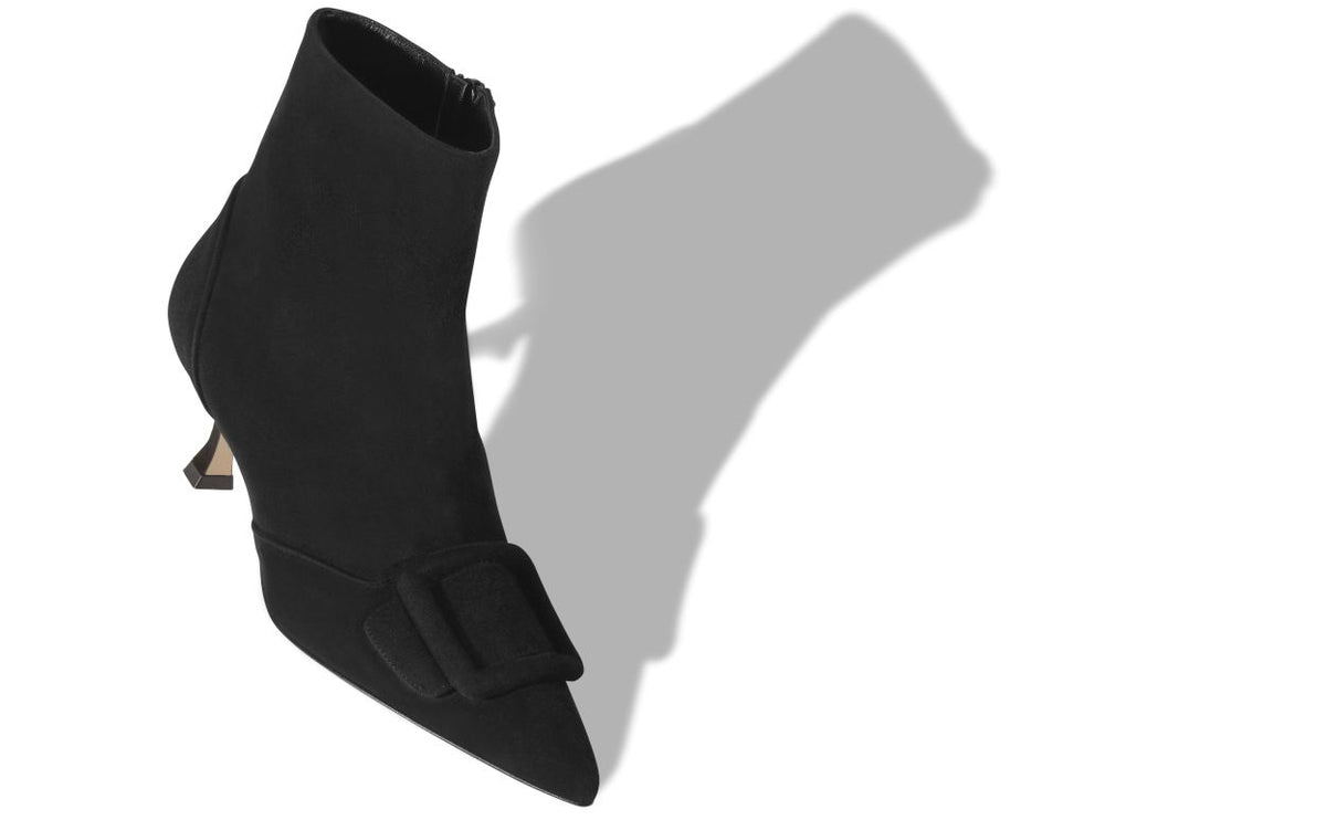 Arabella Dream Black Pointed Toe Ankle Boots – front three-quarter view showing black pointed toe, suede, Vowalisse