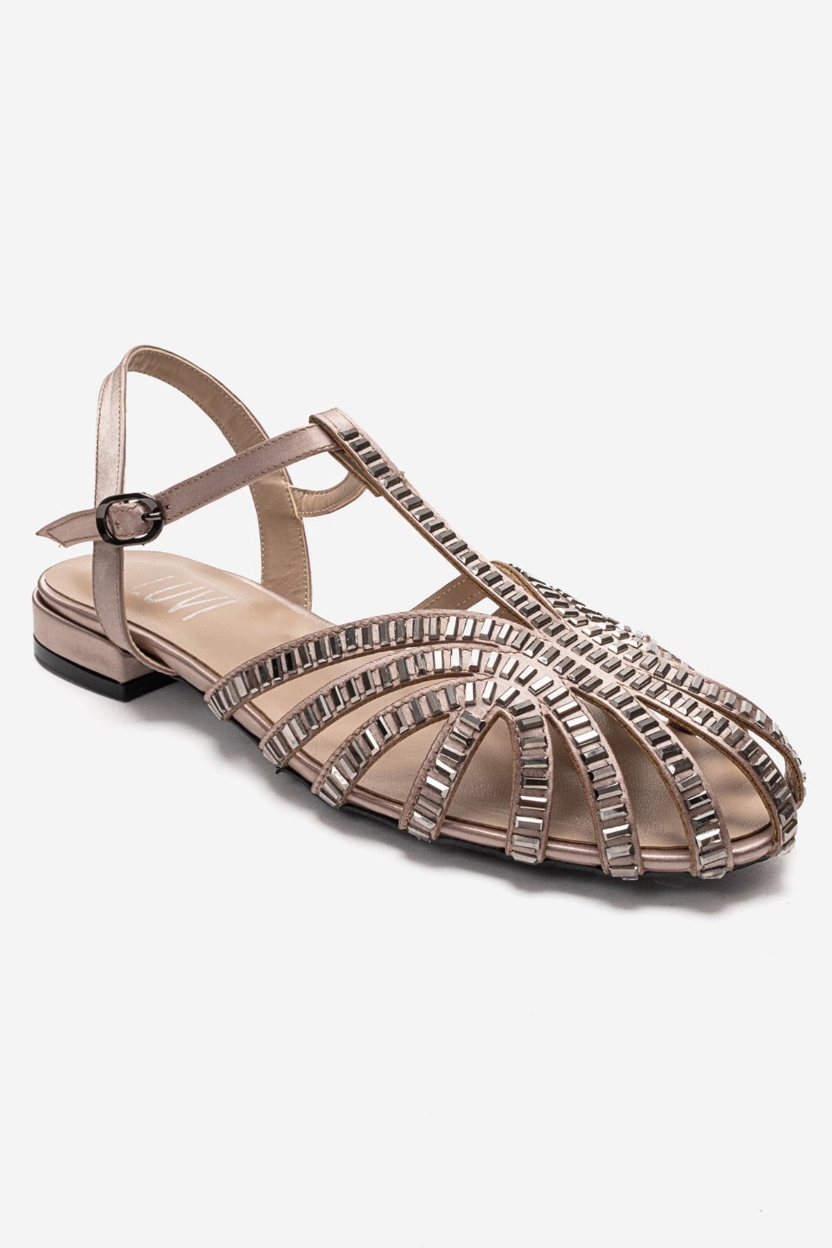 LAVINA - Taupe Genuine Leather Sandal – detail view showing satin, leather, Vowalisse