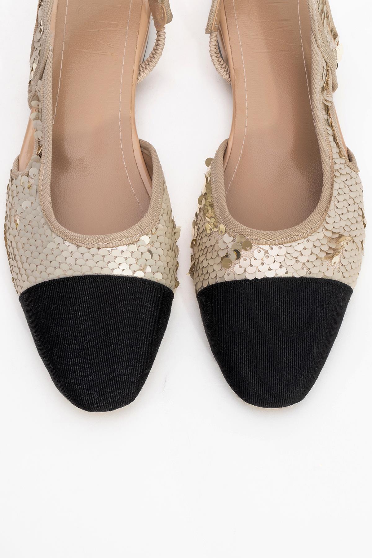 Lujo - Gold Sequin Backless Flat Ballerina – side view showing leather, sequin, gold, Vowalisse