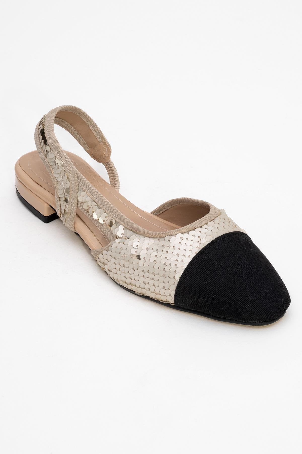 Lujo - Gold Sequin Backless Flat Ballerina – detail view showing leather, sequin, gold, Vowalisse