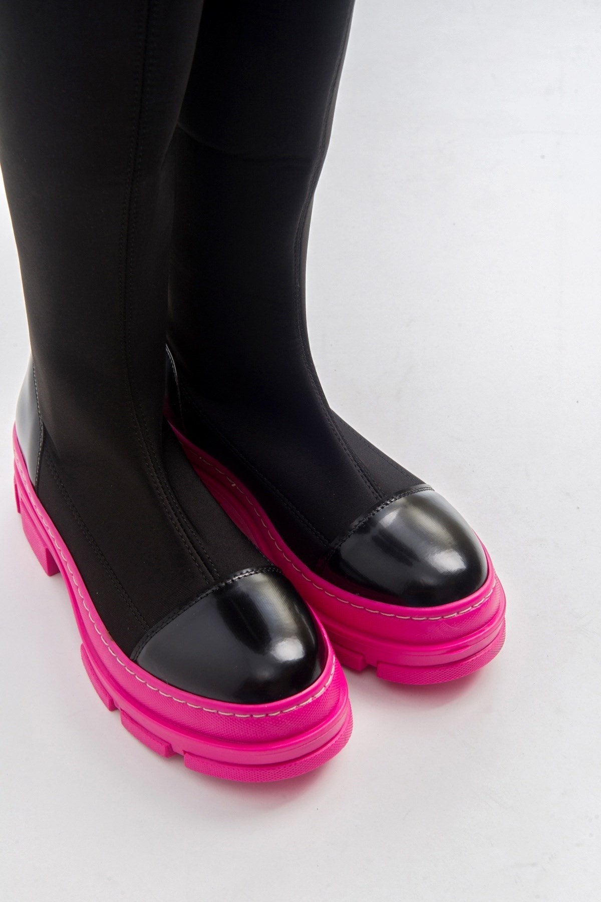 Bella Black & Fuchsia Scuba Boot – detail view showing leather, black, Vowalisse