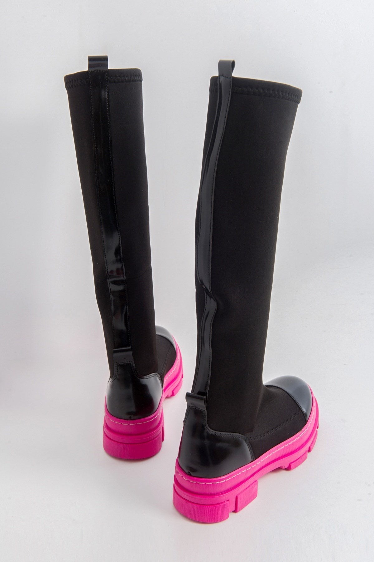 Bella Black & Fuchsia Scuba Boot – back view showing leather, black, Vowalisse