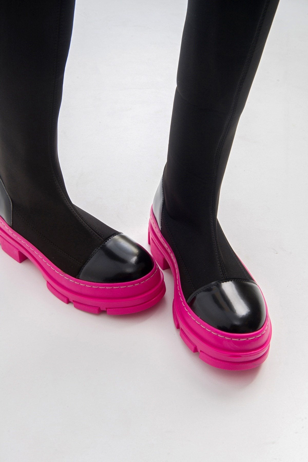 Bella Black & Fuchsia Scuba Boot – top view showing leather, black, Vowalisse