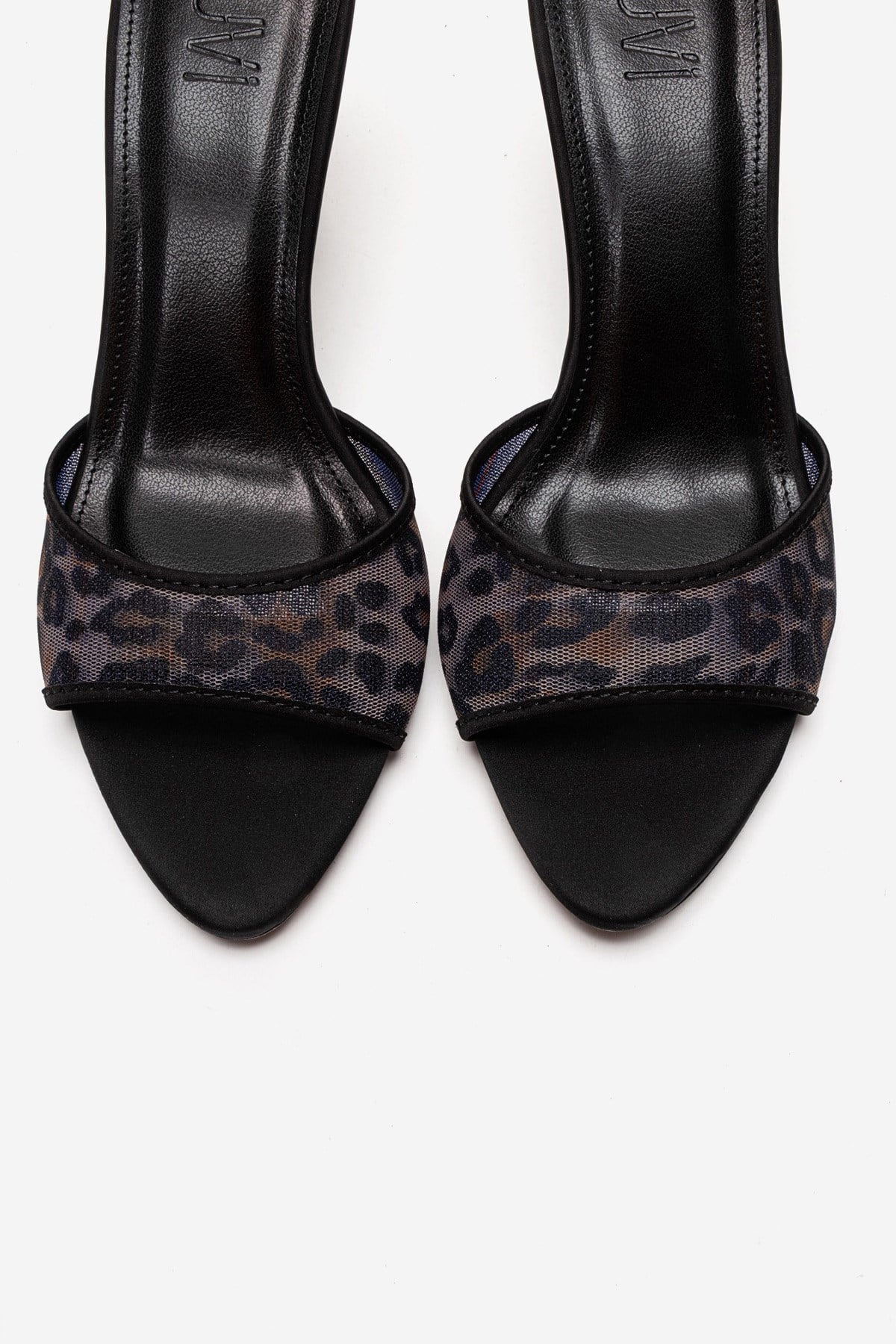 MONROE - Black Patterned Mesh Heeled Mule – side view showing leather, mesh, black, Vowalisse