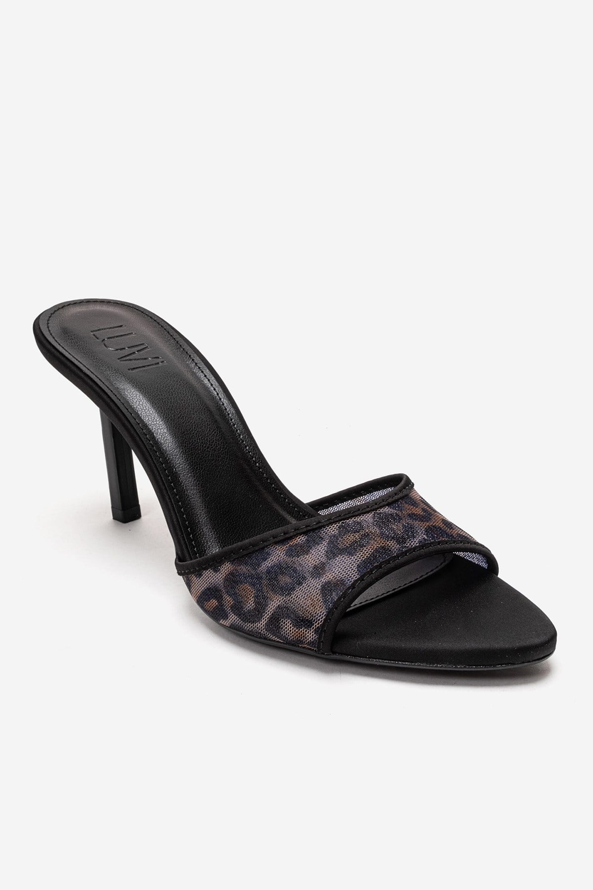MONROE - Black Patterned Mesh Heeled Mule – detail view showing leather, mesh, black, Vowalisse