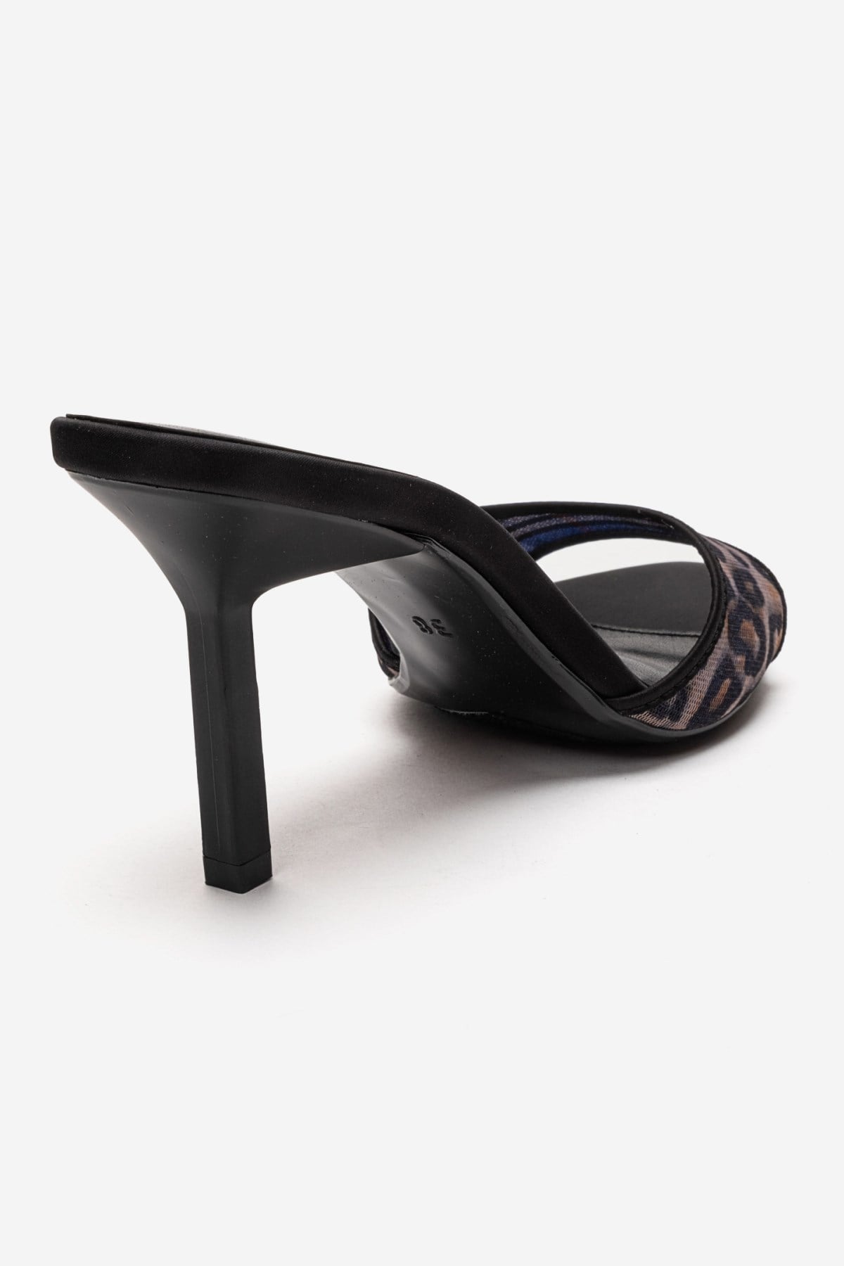 MONROE - Black Patterned Mesh Heeled Mule – back view showing leather, mesh, black, Vowalisse