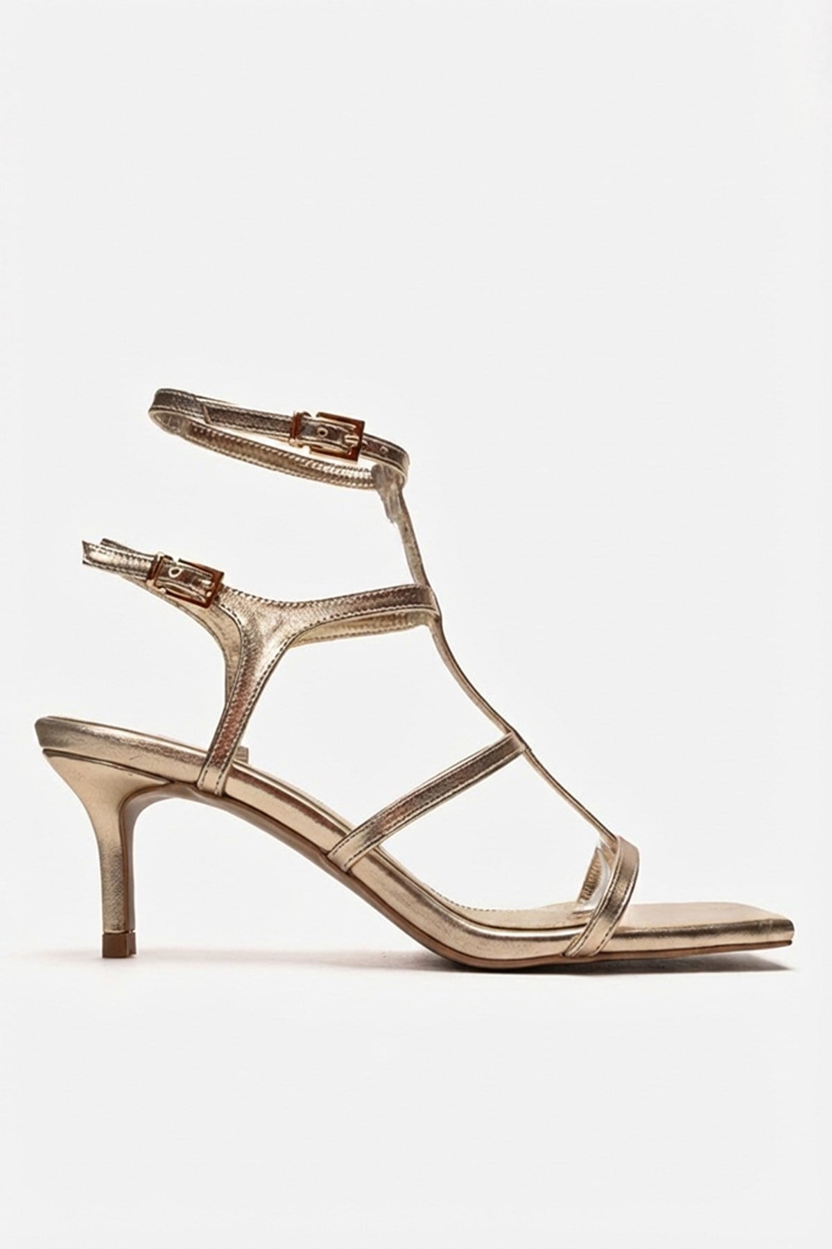 VIENTO - Gold Ankle-Strap Stiletto Pump – heel view showing leather, gold, Vowalisse