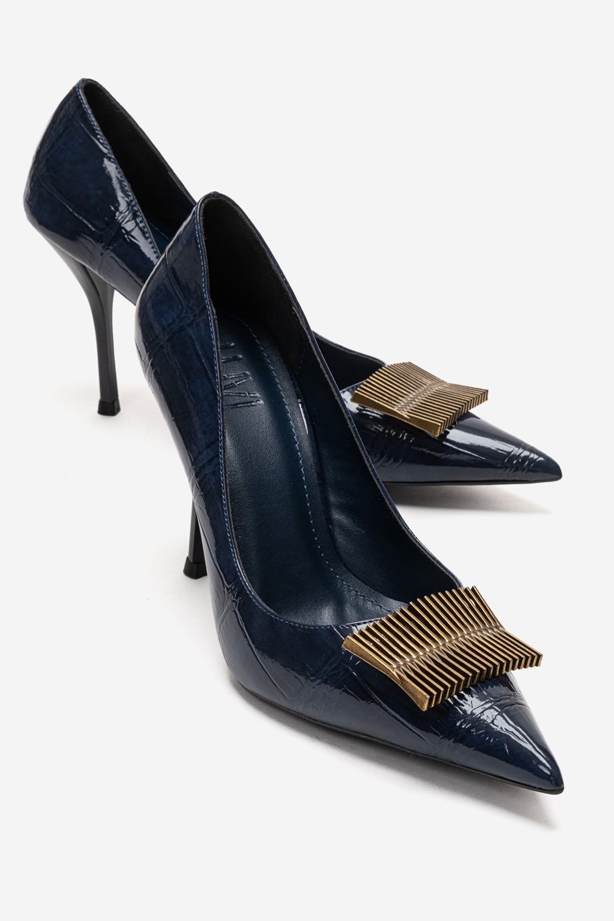DEXEN - Navy Stiletto Pump – front three-quarter view showing leather, Vowalisse