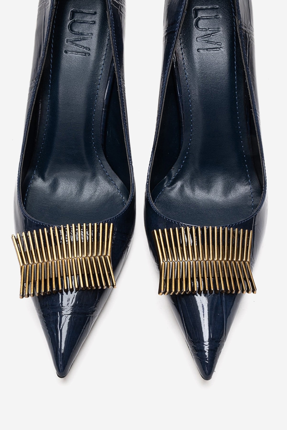 DEXEN - Navy Stiletto Pump – side view showing leather, Vowalisse