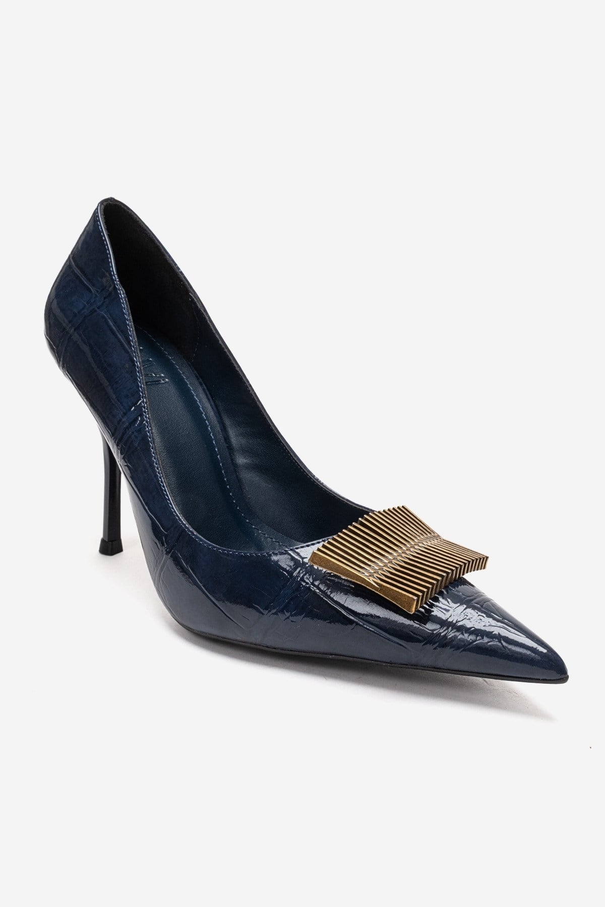 DEXEN - Navy Stiletto Pump – detail view showing leather, Vowalisse
