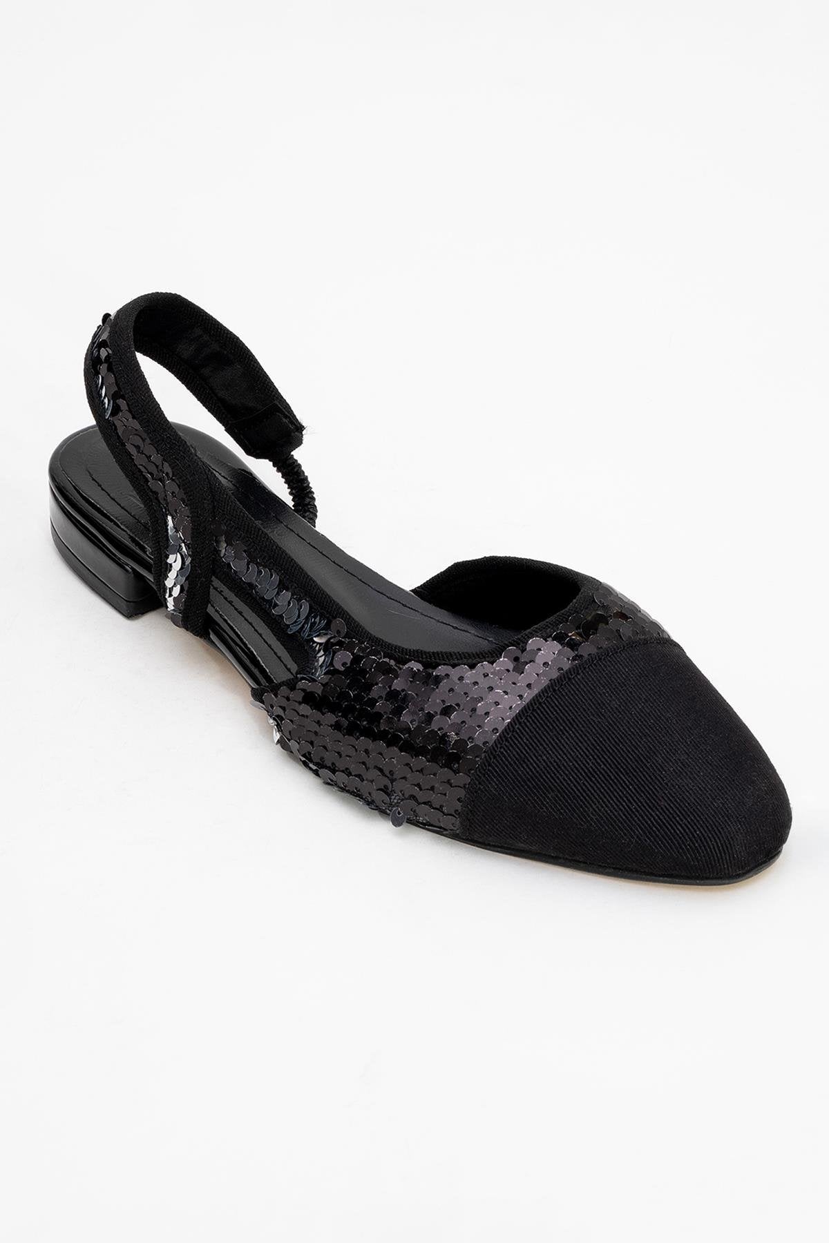 Lujo - Black Sequin Backless Flat Ballerina – detail view showing leather, sequin, black, Vowalisse