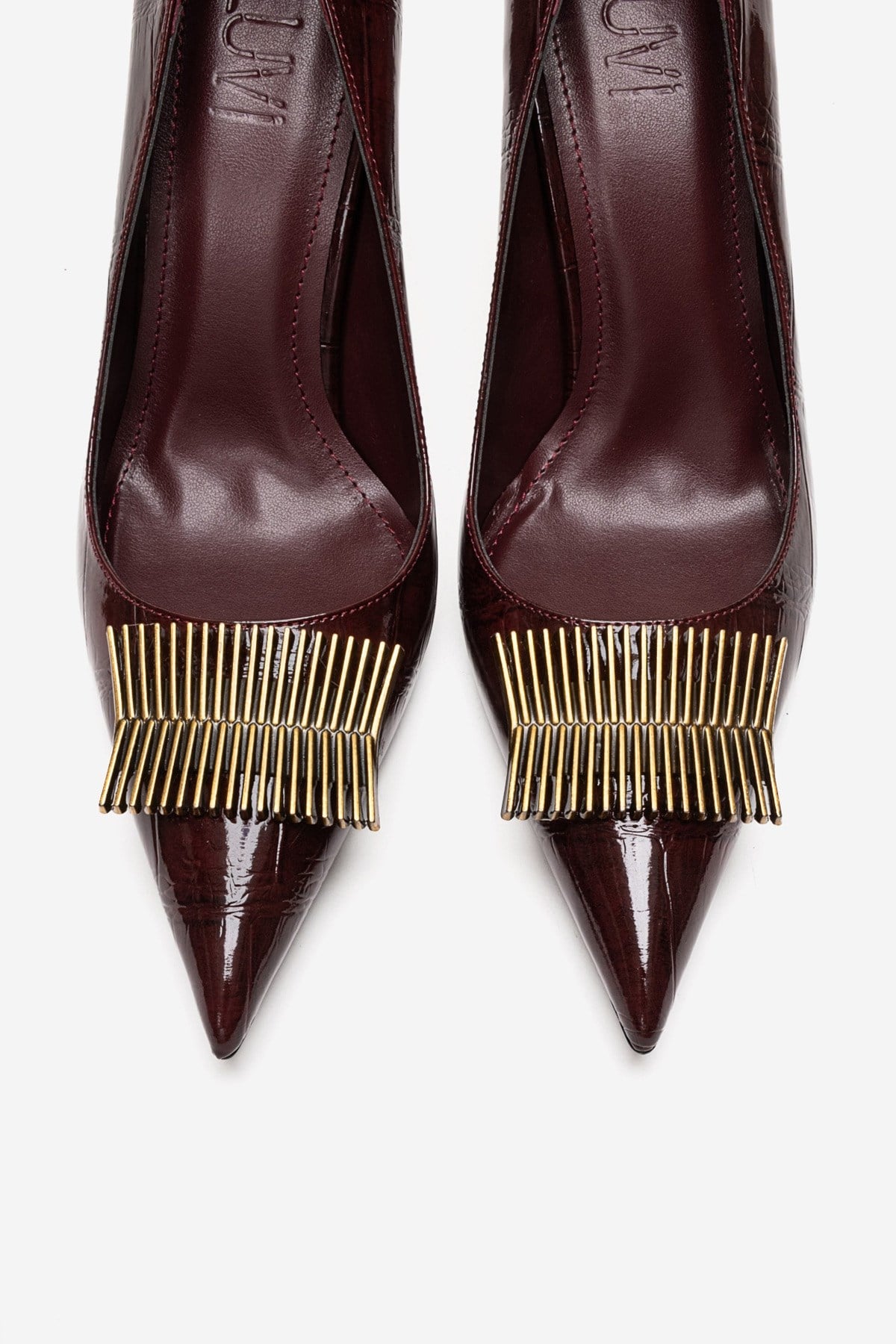 DEXEN - Burgundy Stiletto Pump – side view showing leather, Vowalisse