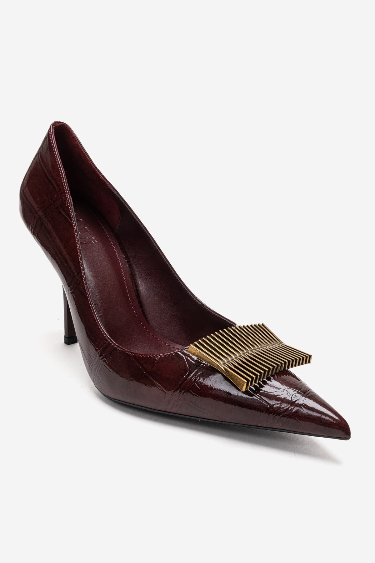 DEXEN - Burgundy Stiletto Pump – detail view showing leather, Vowalisse