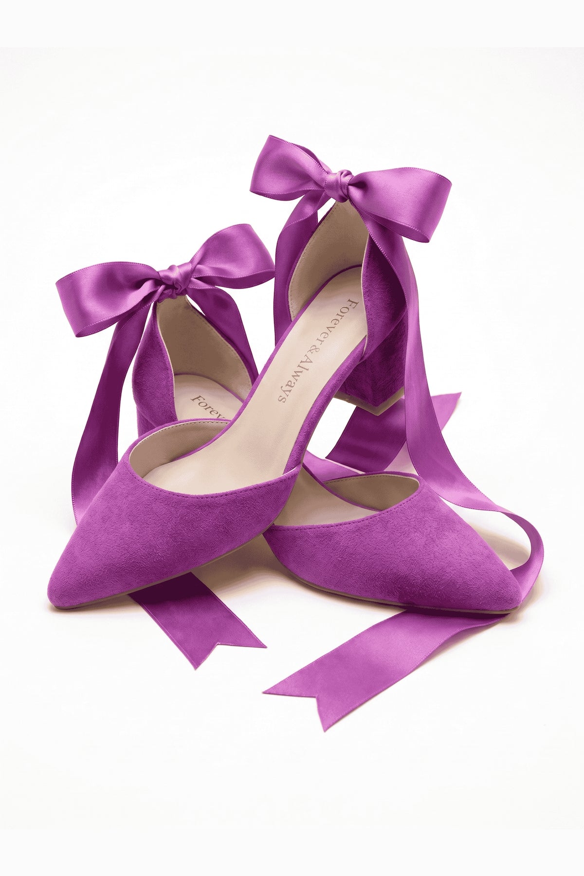 Fiona Fuchsia Suede Bow Ankle Strap Block Heel Pump – back view showing bow, suede, red, Vowalisse