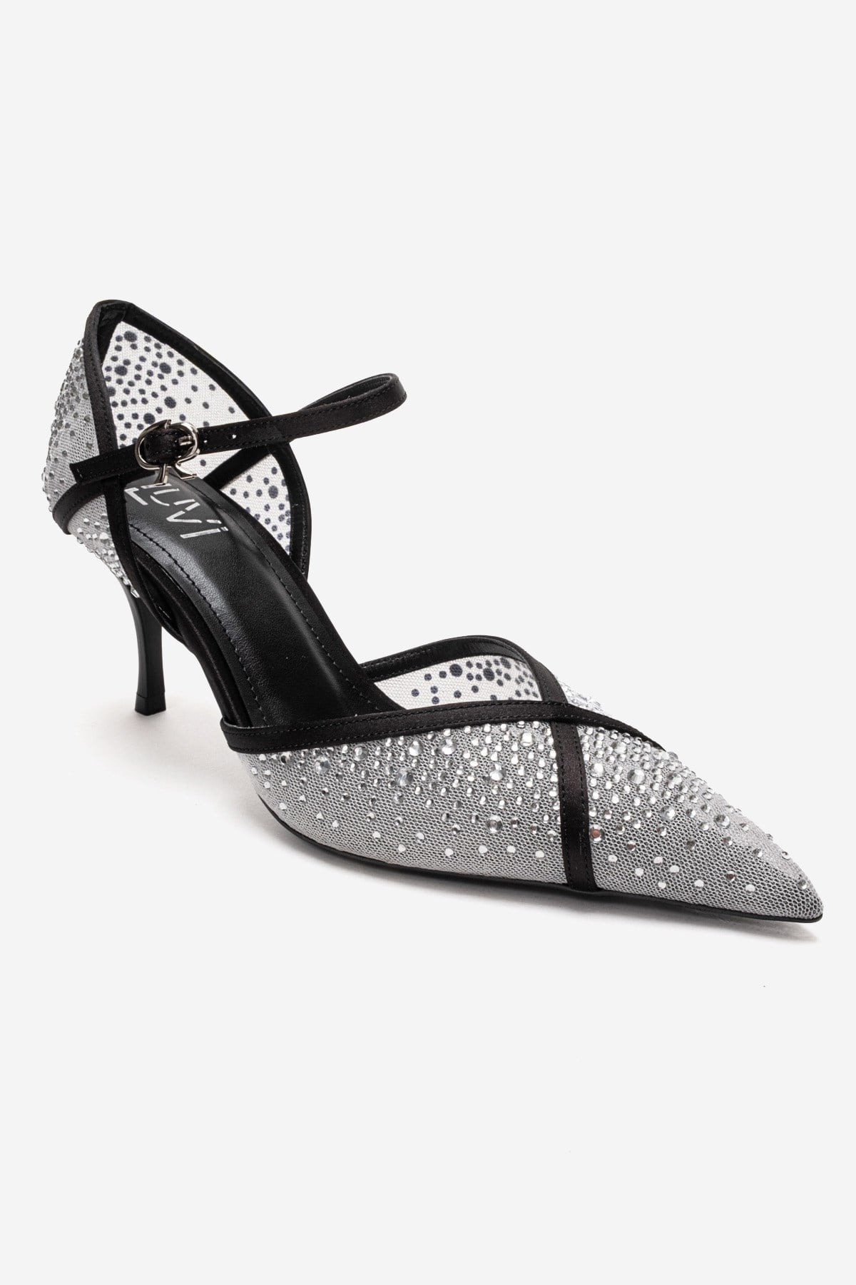 RACHEL - White And Black Genuine Leather Mesh And Satin Stone-Embellis – detail view showing satin, leather, glitter…